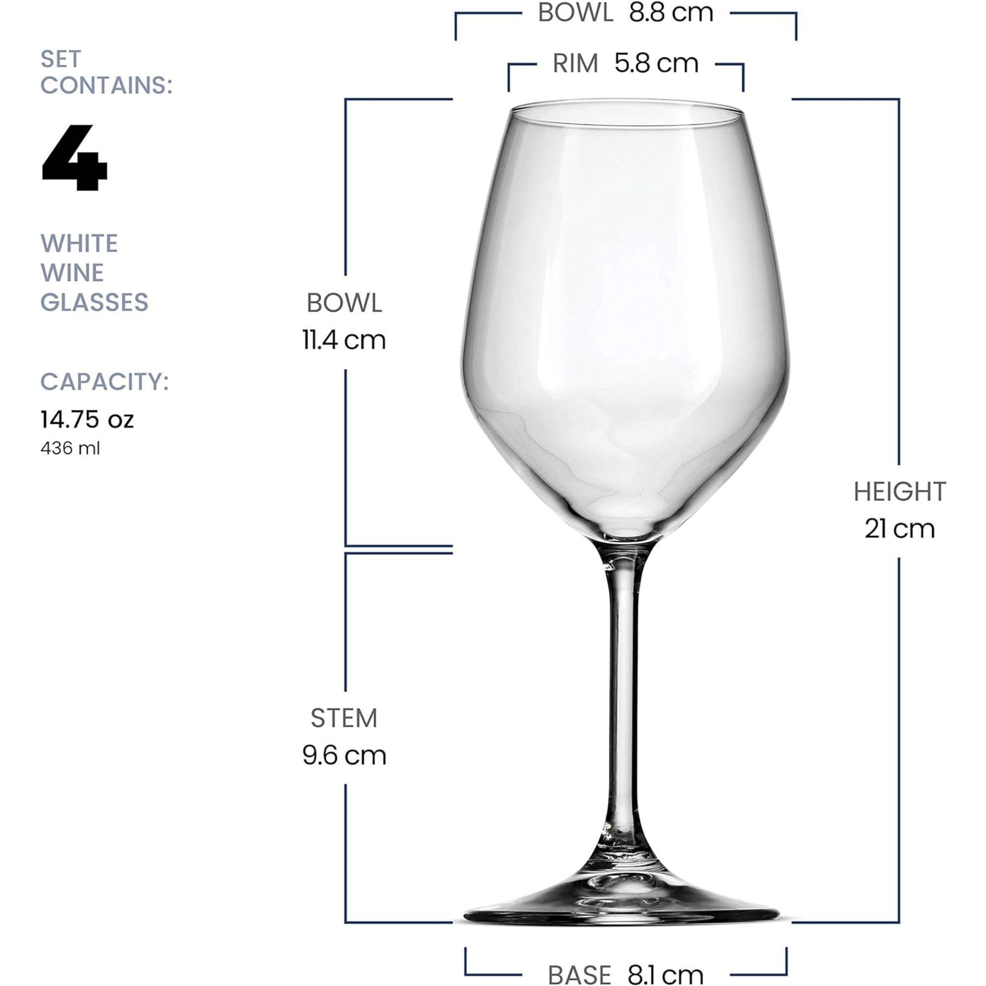SET CONTAINS:  
4 WHITE WINE GLASSES  

BOWL 11.4 cm  
RIM 5.8 cm  
CAPACITY: 14.75 oz (436 ml)  
HEIGHT 21 cm  
STEM 9.6 cm  
BASE 8.1 cm