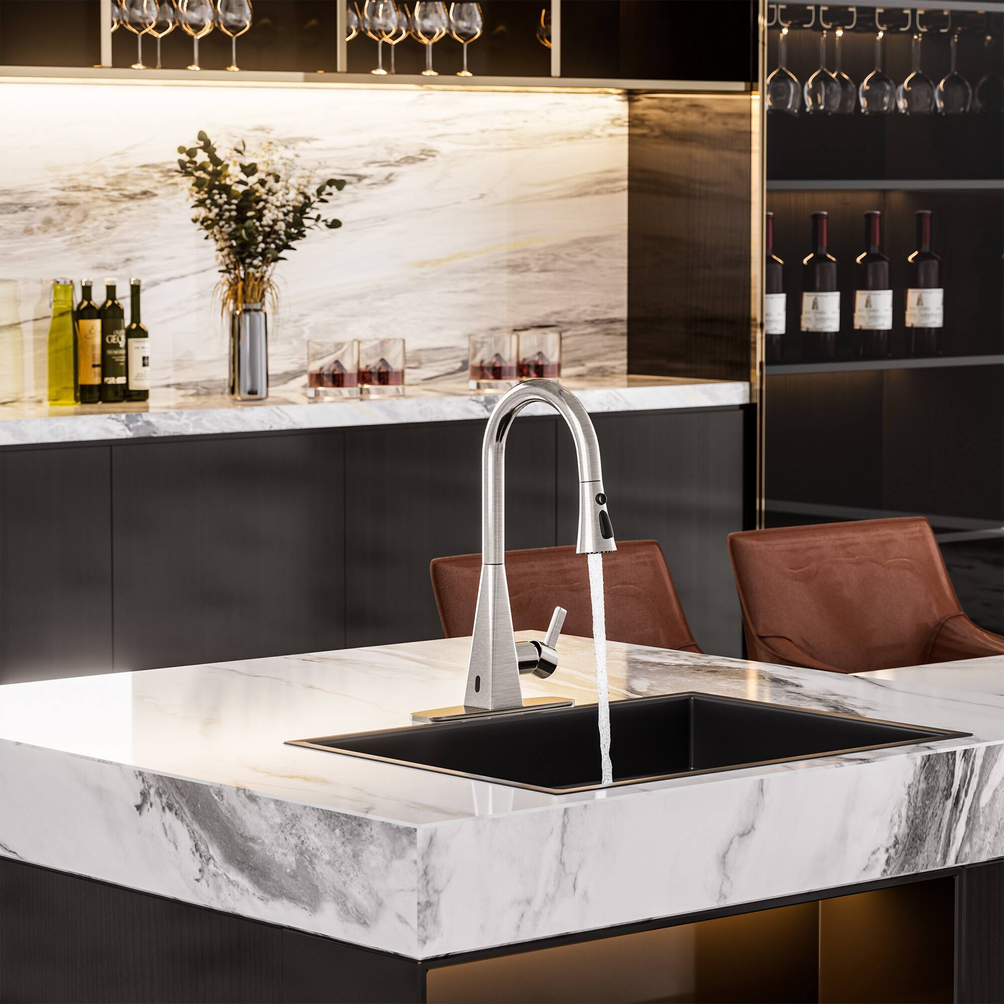 Angle. Mondawe - Dual-Sensor Touchless Pull-Down Kitchen Faucet with 3-Function Sprayer - Brushed Nickel.