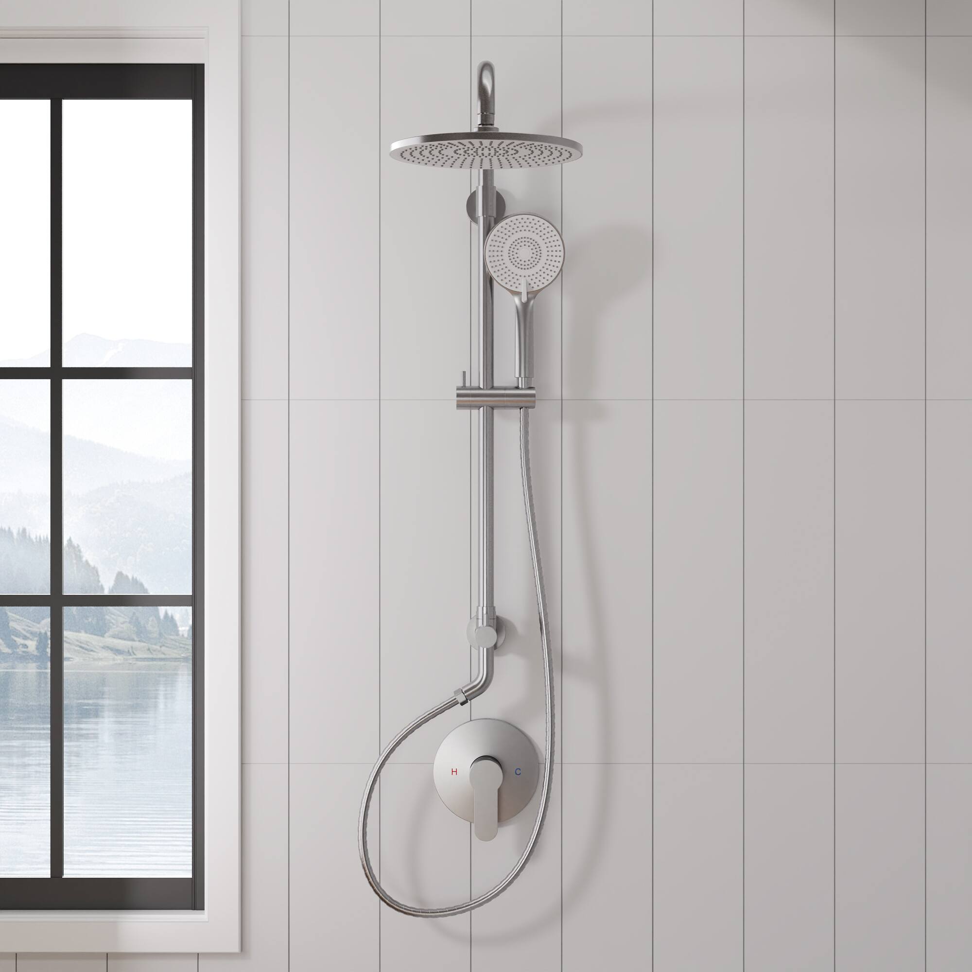 Front. GRANDJOY - Exposed Pipe Shower System with 10 in Round Rain Head and Simultaneous Dual-Flow Handheld Sprayer - Brushed Nickel.