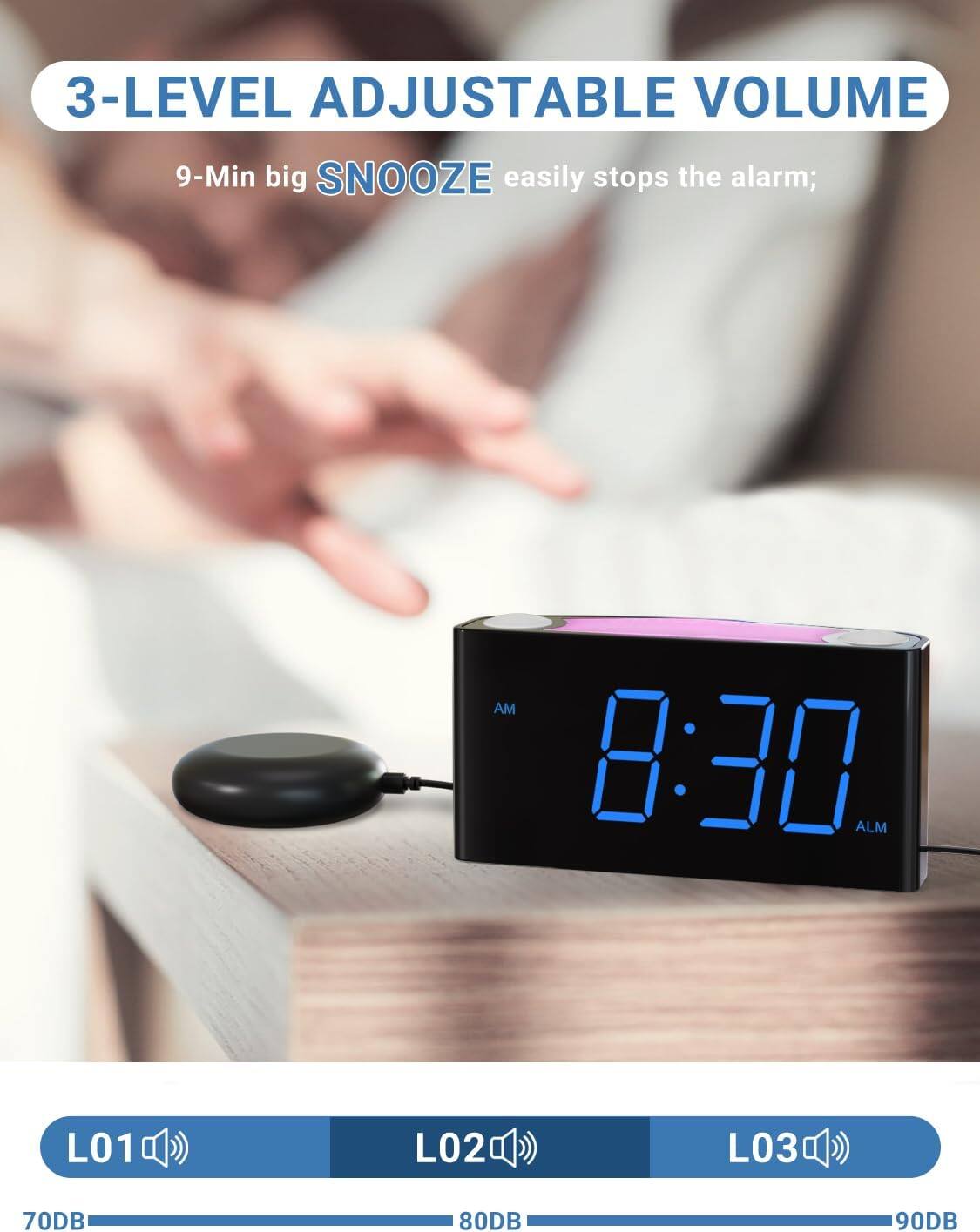 3-LEVEL ADJUSTABLE VOLUME  
9-Min big SNOOZE easily stops the alarm;  

L01 70DB  
L02 80DB  
L03 90DB
