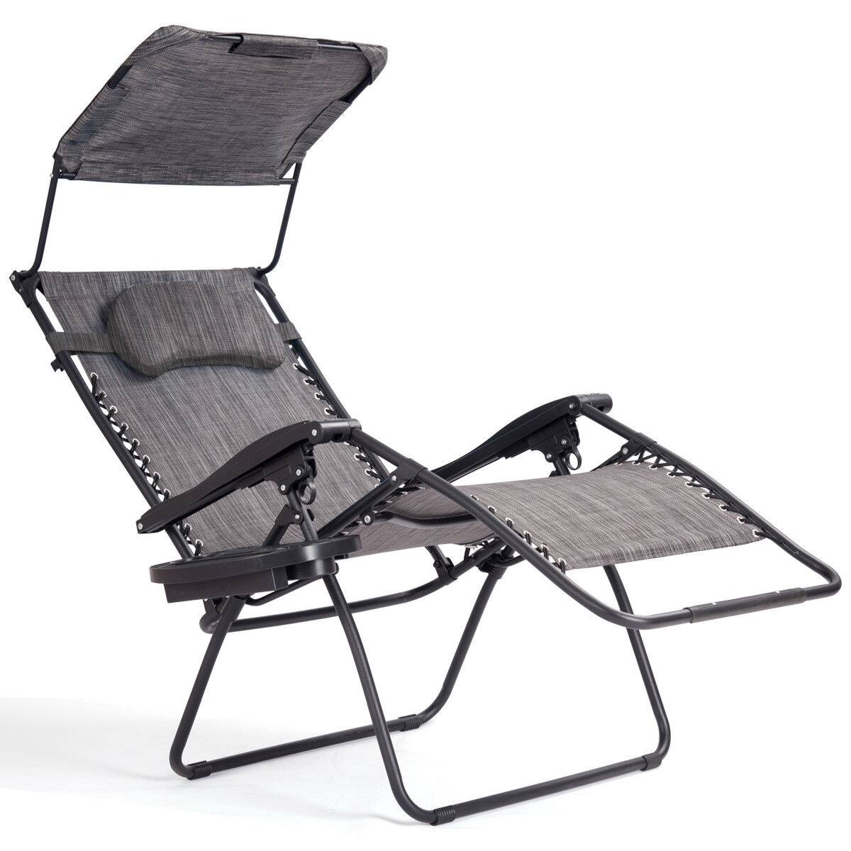 Alt View 1. Gymax - Gymax Folding Recliner Zero Gravity Lounge Chair W/ Shade Canopy Cup Holder Gray - Black, Gray.