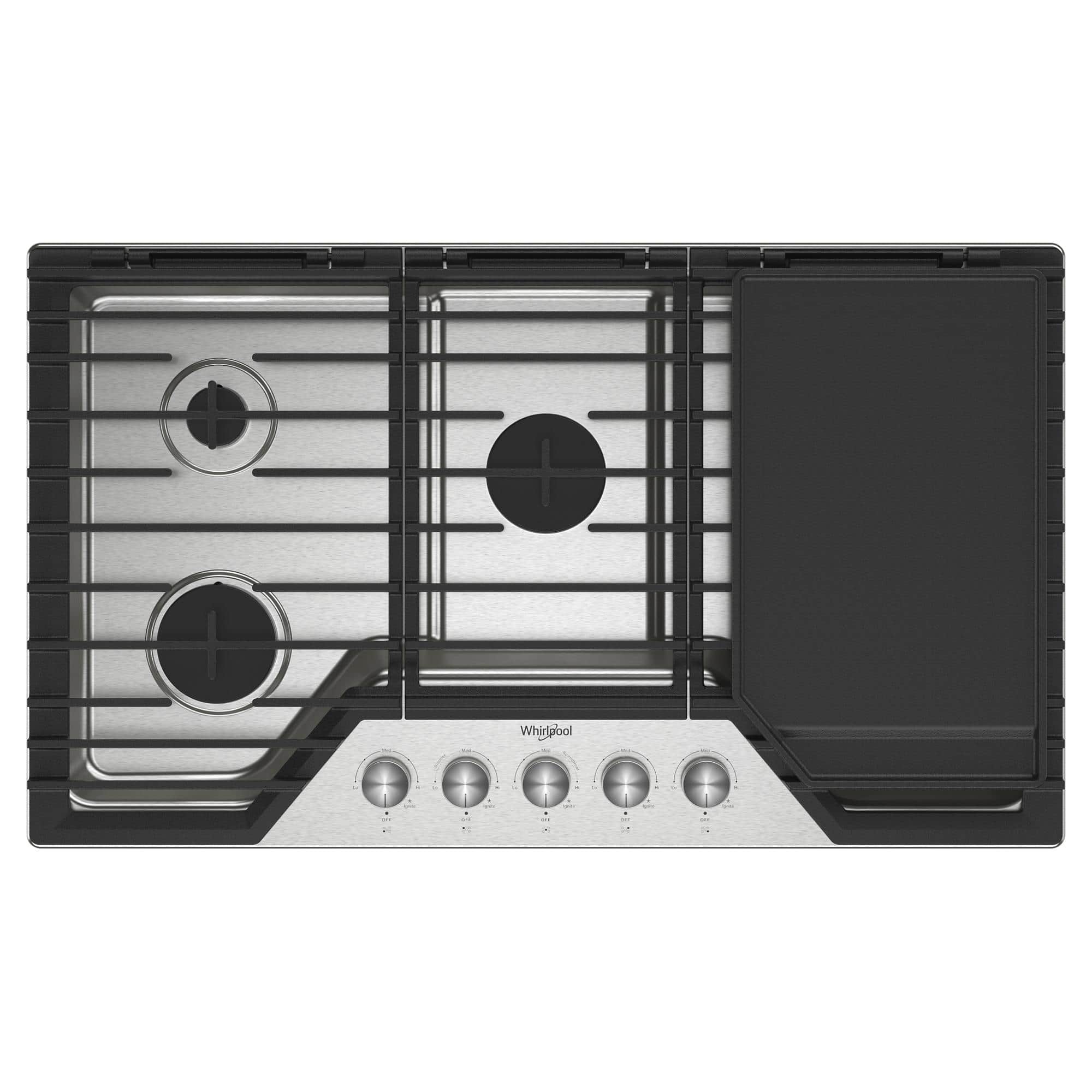 Front. Whirlpool - 36" Built-In Gas Cooktop with 3 Burners and 2-in-1 Hinged Grate to Griddle - Stainless Steel.
