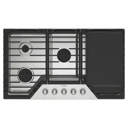 Front. Whirlpool - 36" Built-In Gas Cooktop with 3 Burners and 2-in-1 Hinged Grate to Griddle - Stainless Steel.