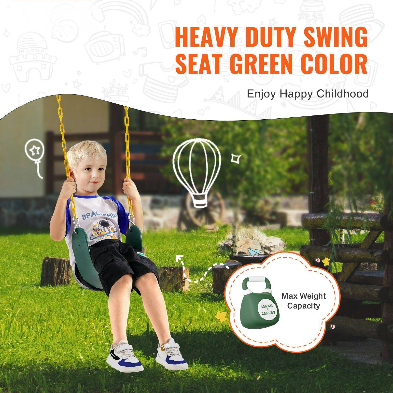 HEAVY DUTY SWING SEAT GREEN COLOR  
Enjoy Happy Childhood  

Max Weight Capacity: 136 KG (300 LBS)