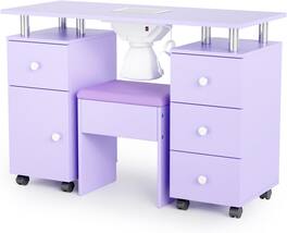 Winado - Nail Desk and Chair Set, Manicure Table with Stool, Dust Collector, Arm Rest, Wheels, Drawers, Cabinet for Makeup Beauty - Purple