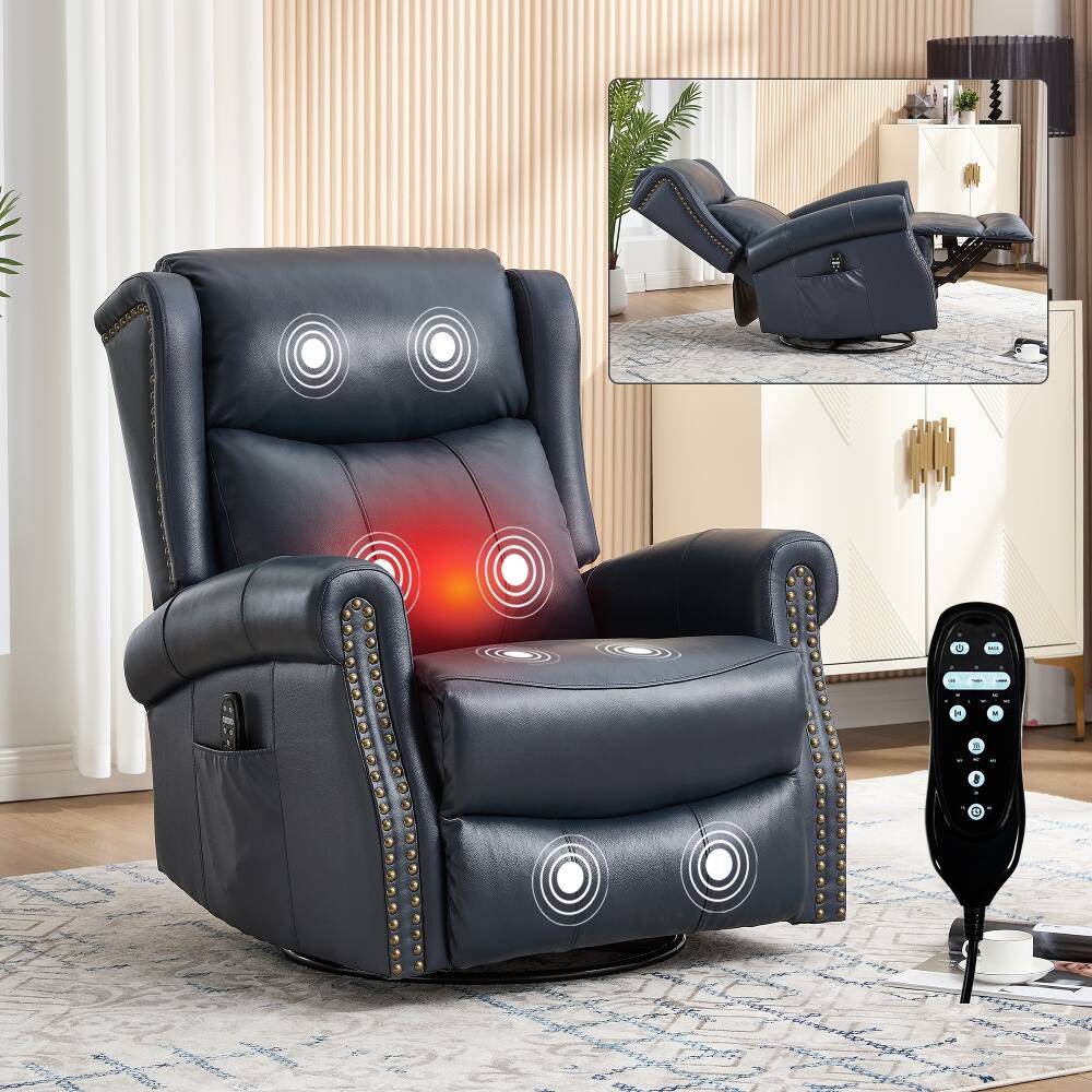 Alt View 1. Ropilly - Ropilly Genuine Leather Massage Recliner, Manual Recliner with Lumbar Heat and Swivel Rocker, Blue - Blue.