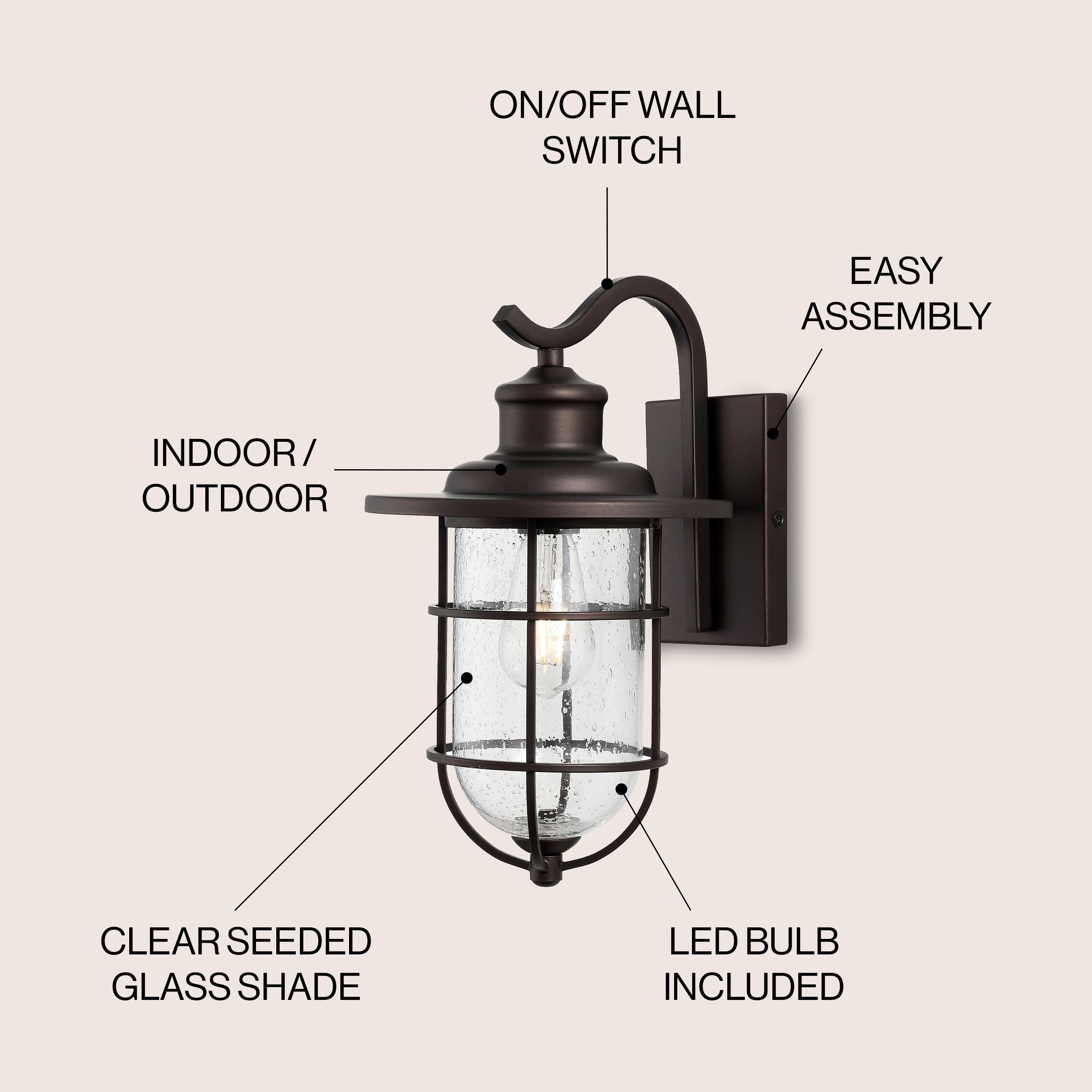ON/OFF WALL SWITCH  
EASY ASSEMBLY  
INDOOR/OUTDOOR  
CLEAR SEEDED GLASS SHADE  
LED BULB INCLUDED