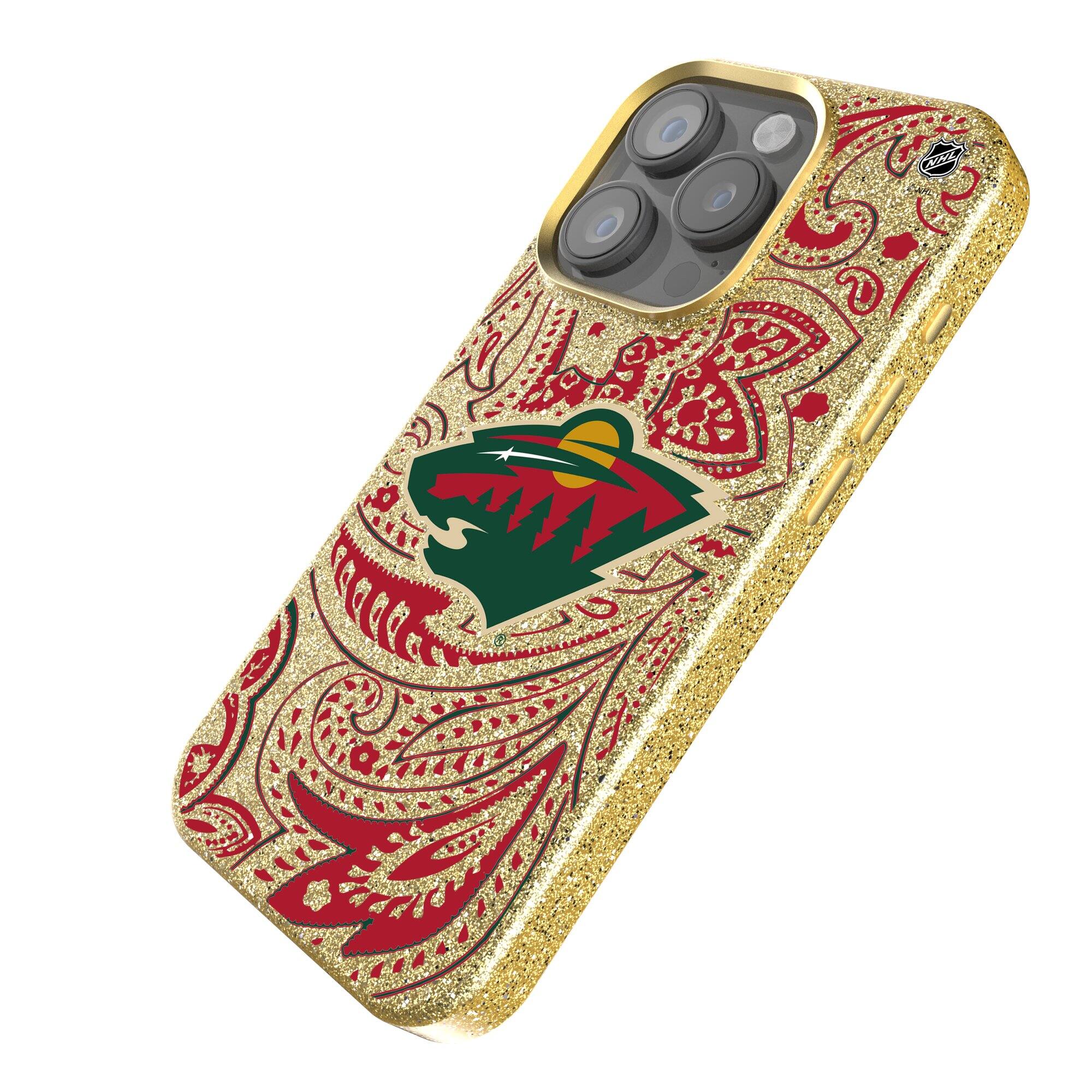 Alt View 1. Keyscaper - Gold Minnesota Wild Paisley Bling iPhone Case - 15 Pro - Gold.