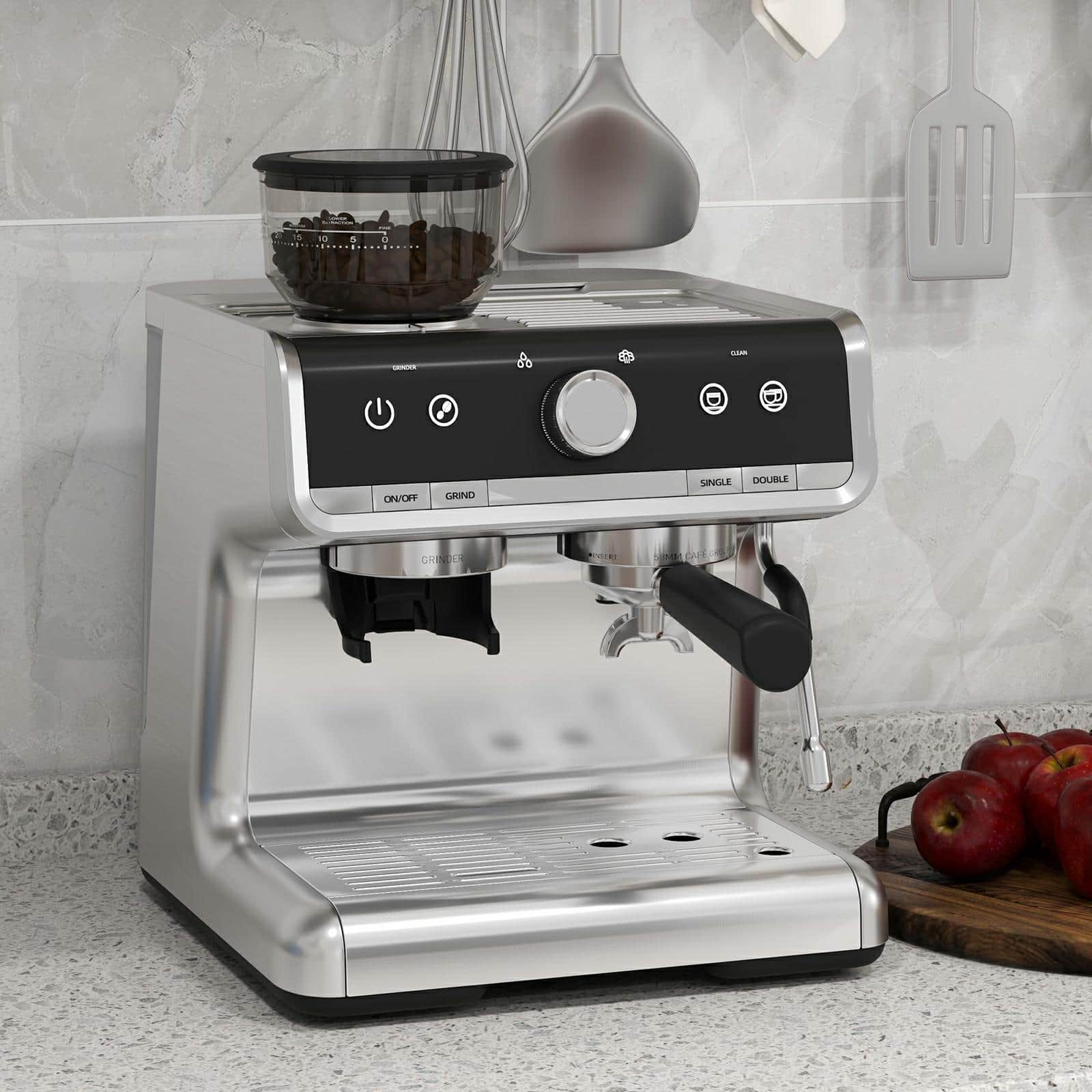Acekool - 20 Bar Barista-Grade Espresso Machine with Conical Burr Grinder & Steam Wand - Silver