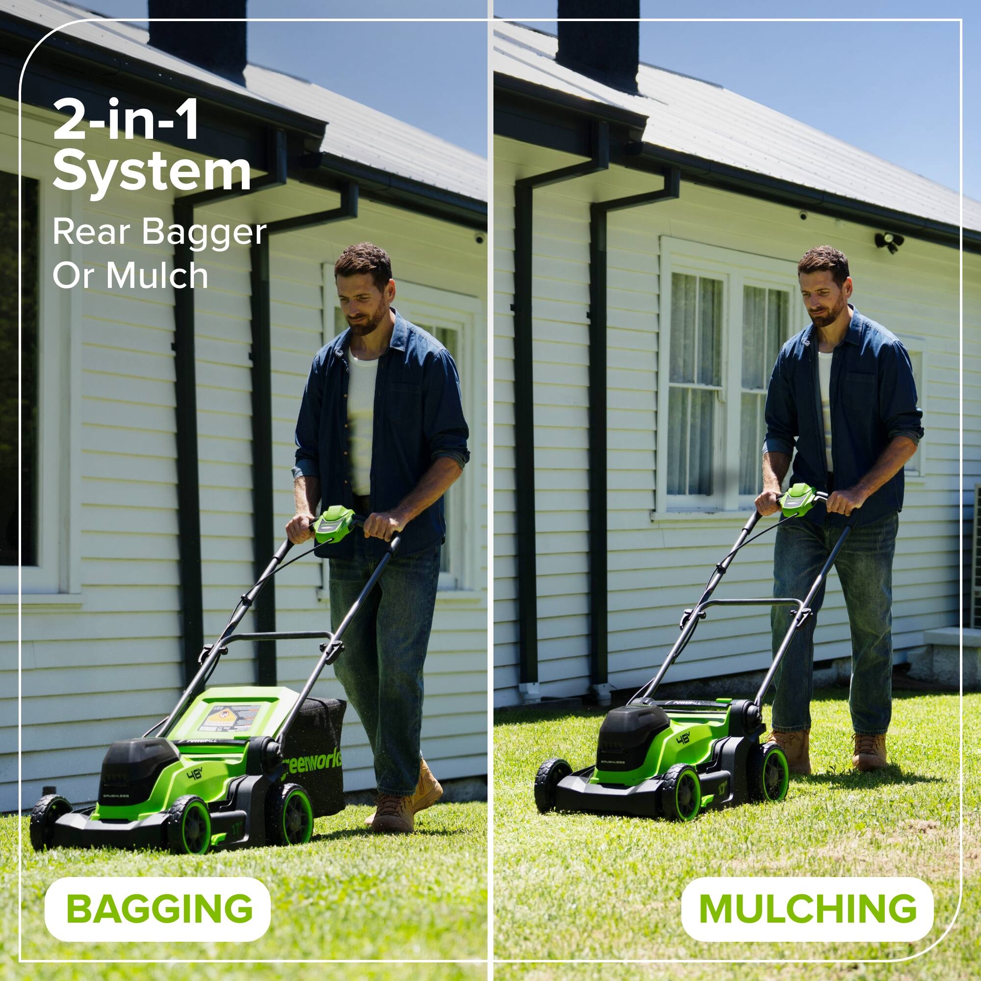 2-in-1 System  
Rear Bagger Or Mulch  

BAGGING  
MULCHING