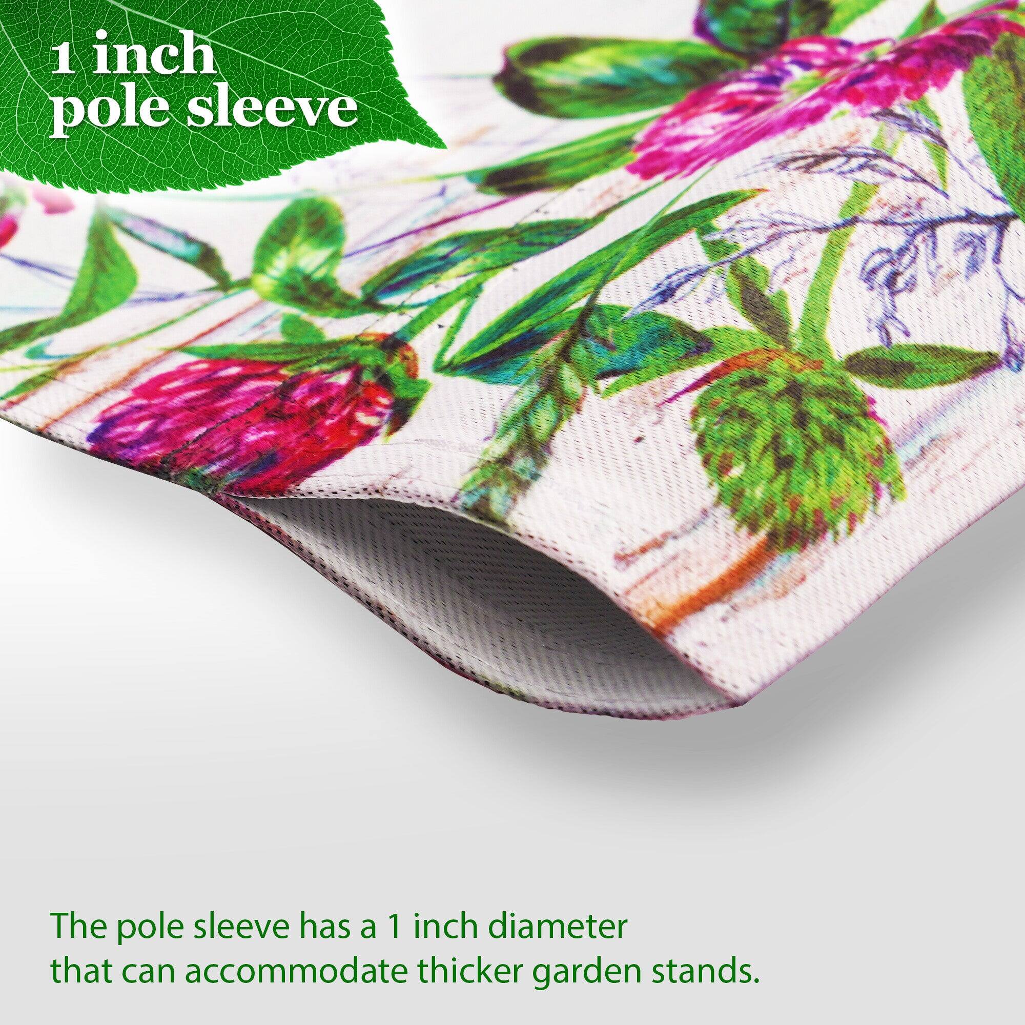 1 inch pole sleeve

The pole sleeve has a 1 inch diameter that can accommodate thicker garden stands.