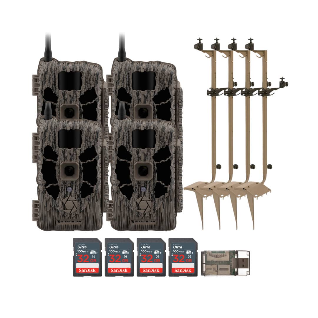 Stealth Cam - (Four) DECEPTOR MAX 40MP Trail Camera  with Dual Camera Ground Mount 32GB Memory Card and Card Reader