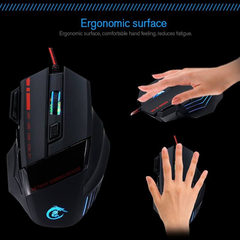 Ergonomic surface, comfortable hand feeling, reduces fatigue.  
1000-1600 2400 3200 DPI MOUSE GAMING NETWAY