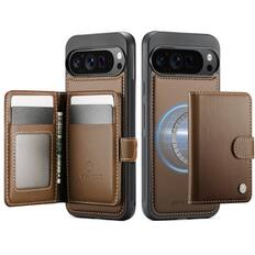 Front. Dteck - For Google Pixe 10 Pro XL Leather Flip Stand RFID Leather Wallet Mag Safe Case With Deachable Card Holder - Brown.