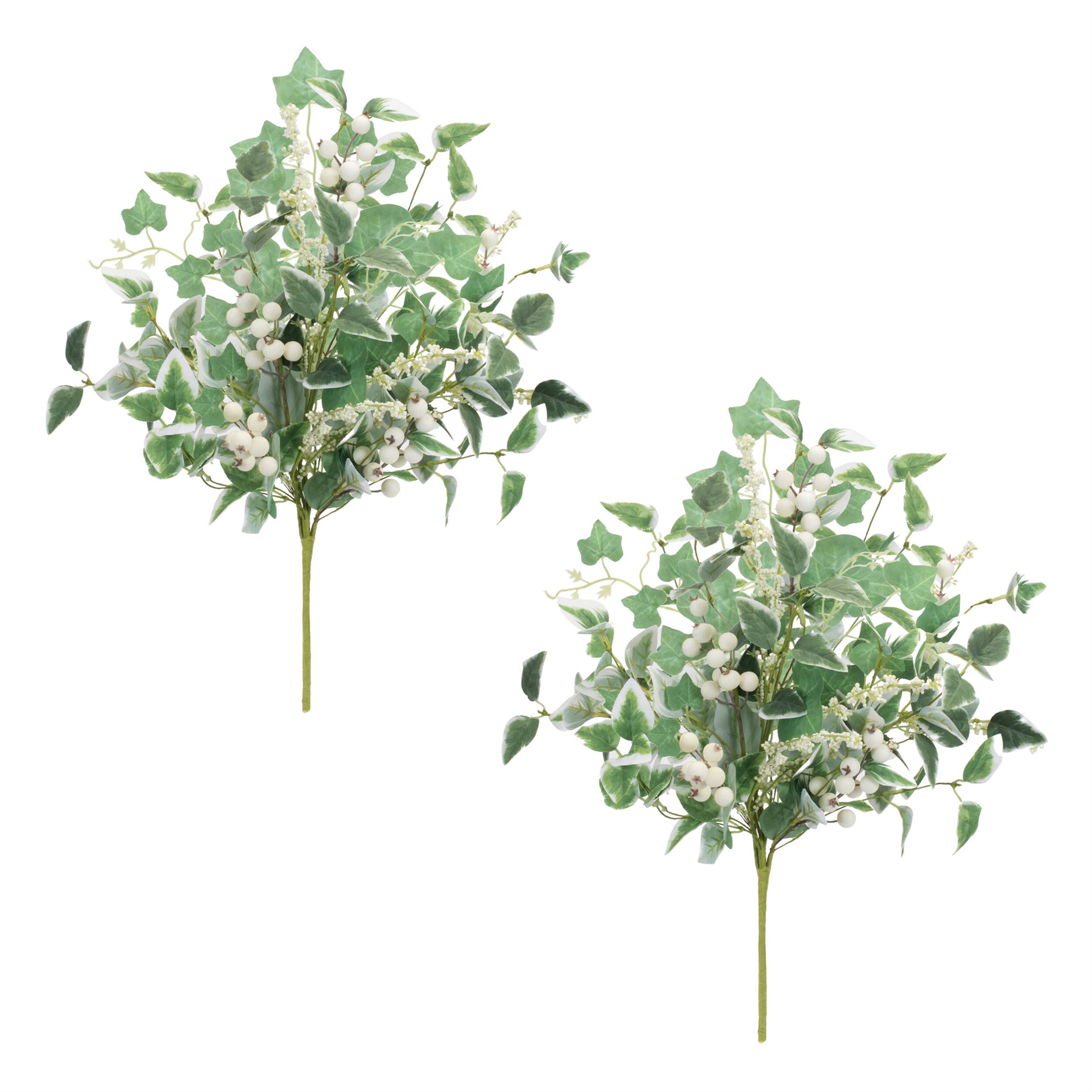 Angle. BreeBe - Mixed Ivy Foliage Berry Bush (Set of 2) - Green, White.