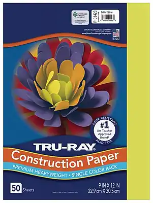 P103423
Iriart Lime
EXA FADE RESISTANT #1
Art Teacher Approved Brand*
ACID FREE
TRU-RAY Construction Paper
PACK
PREMIUM COLOR
HEAVYWEIGHT
SINGLE
9 IN X 12 IN
50 Sheets
22.9 cm x 30.5 cm