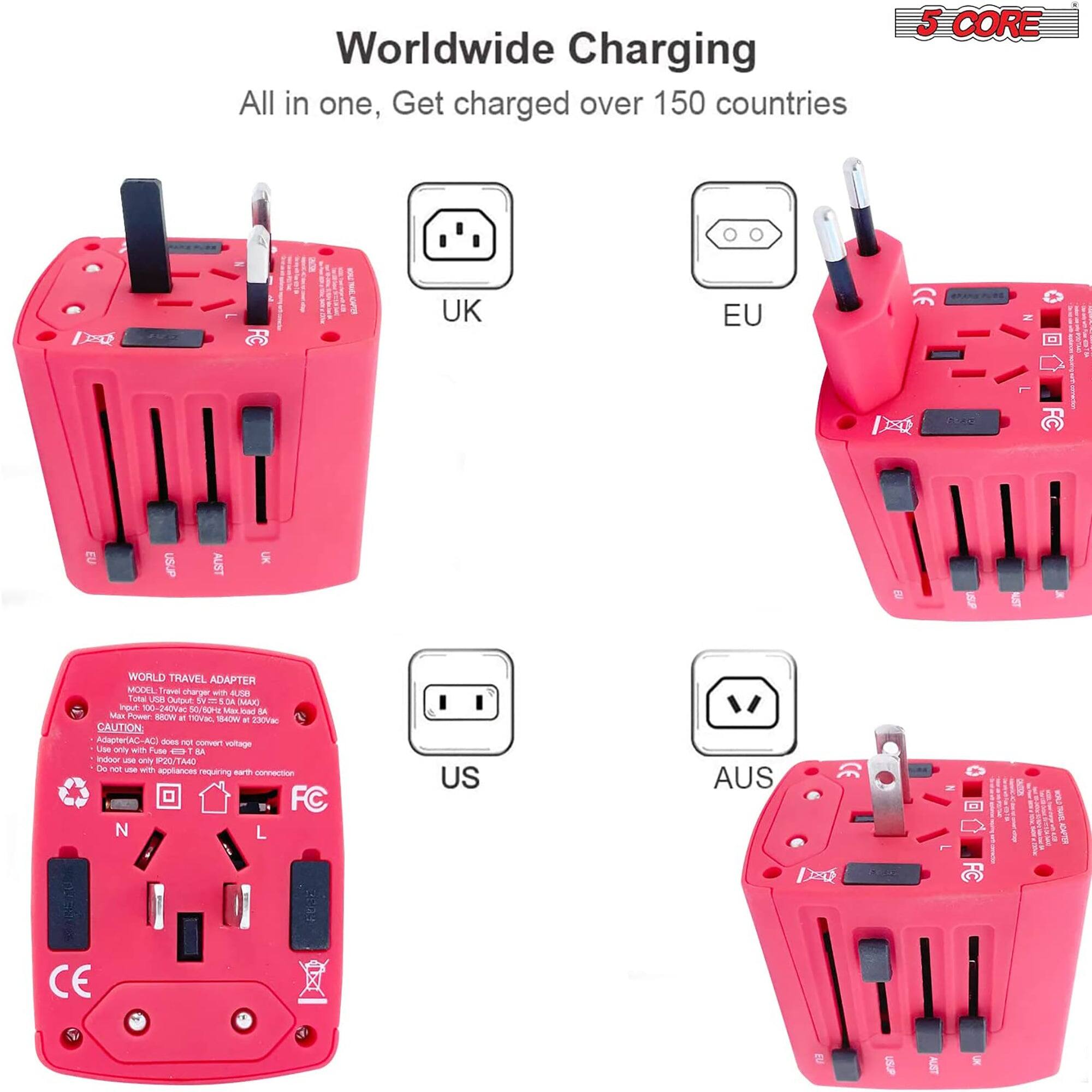 Worldwide Charging
All in one, Get charged over 150 countries

5 CORE D UK EU 1 ALIST UK T WORLD TRAVEL ADAPTER MODEL Tra charger - Le Total una T4 - LIA MAXI Pout 0-240V 50/10H M mas - Mas Poer BOW a ROVIG 14OW - 23X0M CAUTION AdAterACIAC does nU c mortage Us unty -Th Fuse - 1 d ndaor Lna anis POD/TAN0 - De net - wt appliances regaring connection FC N L US AUS X D CE e
