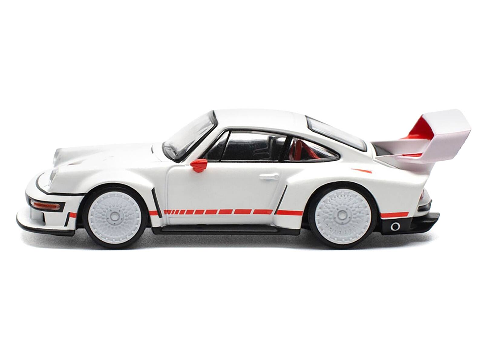 Left. Pop Race - Singer DLS Turbo White with Red Stripes 1/64 Diecast Model Car by Pop Race - White and Red.