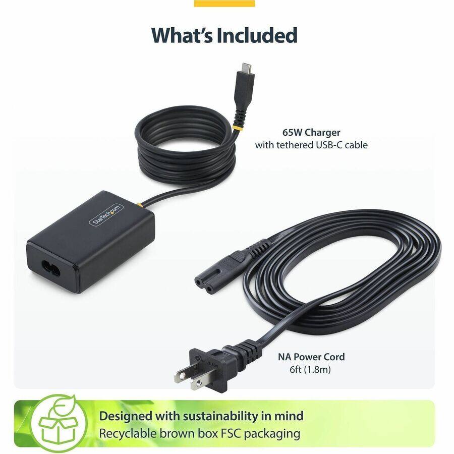 What's Included

- 65W Charger with tethered USB-C cable
- StarTech.com
- NA Power Cord 6ft (1.8m)

Designed with sustainability in mind
Recyclable brown box FSC packaging