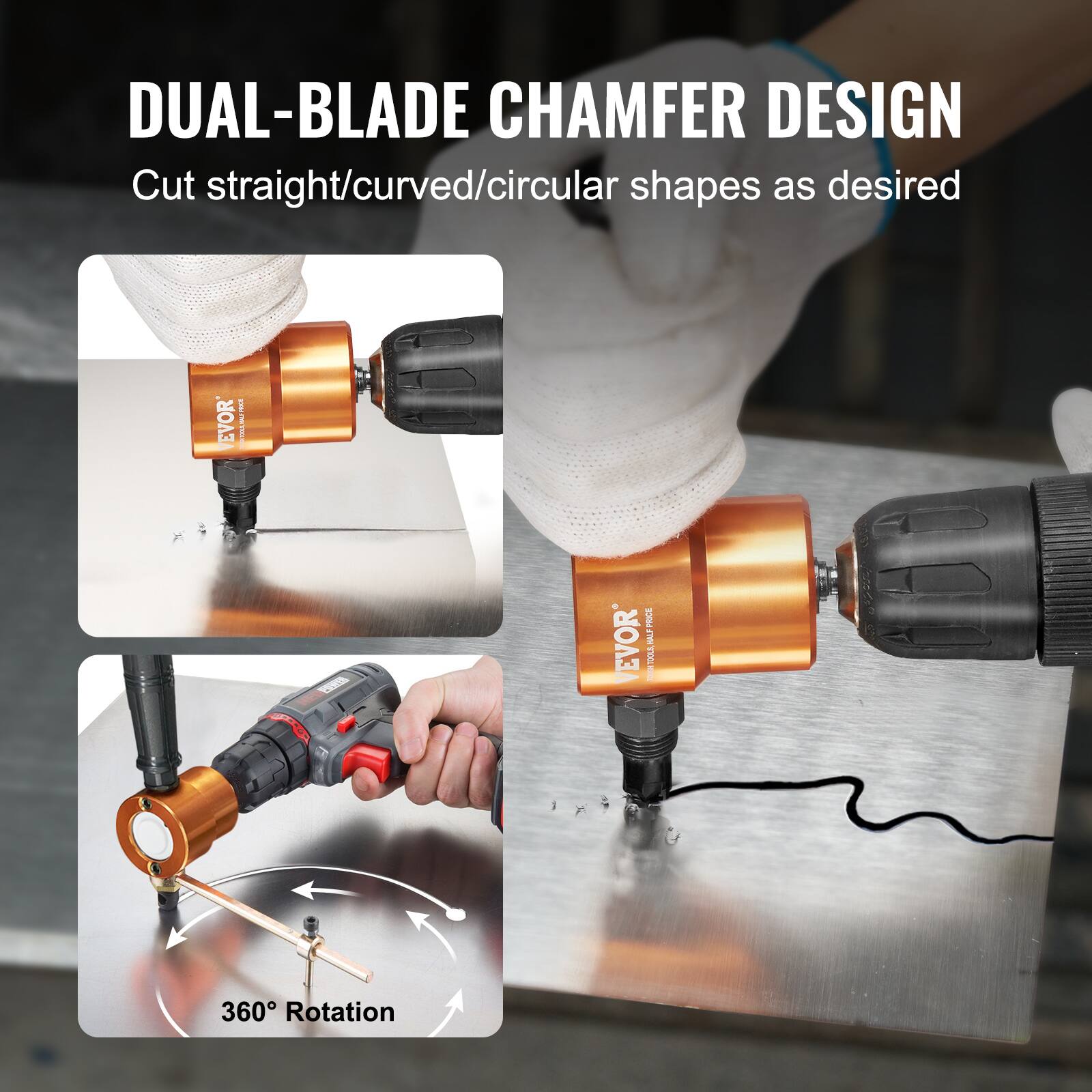 DUAL-BLADE CHAMFER DESIGN  
Cut straight/curved/circular shapes as desired  

360° Rotation