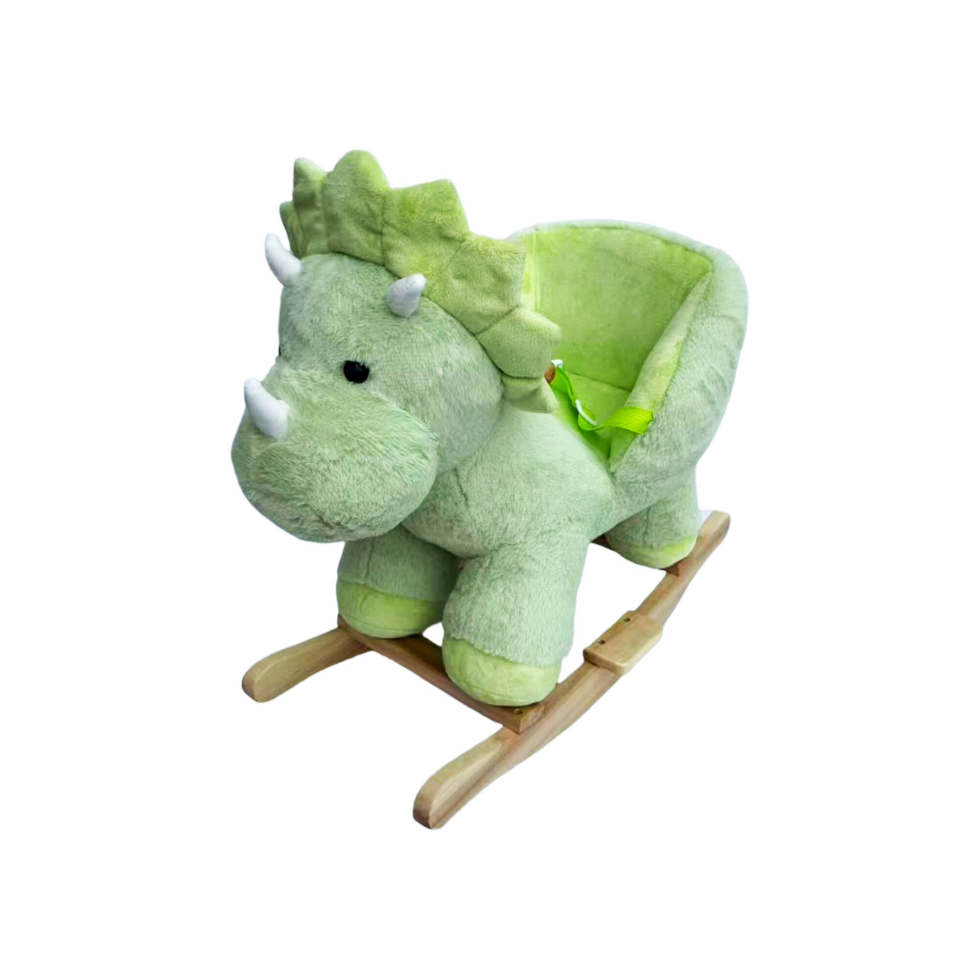 Angle. Whisen - Plush Dinosaur Rocking Horse Toy for Toddlers with Music,Safety Belt,Hand Puppets and Steel Frame - Green.