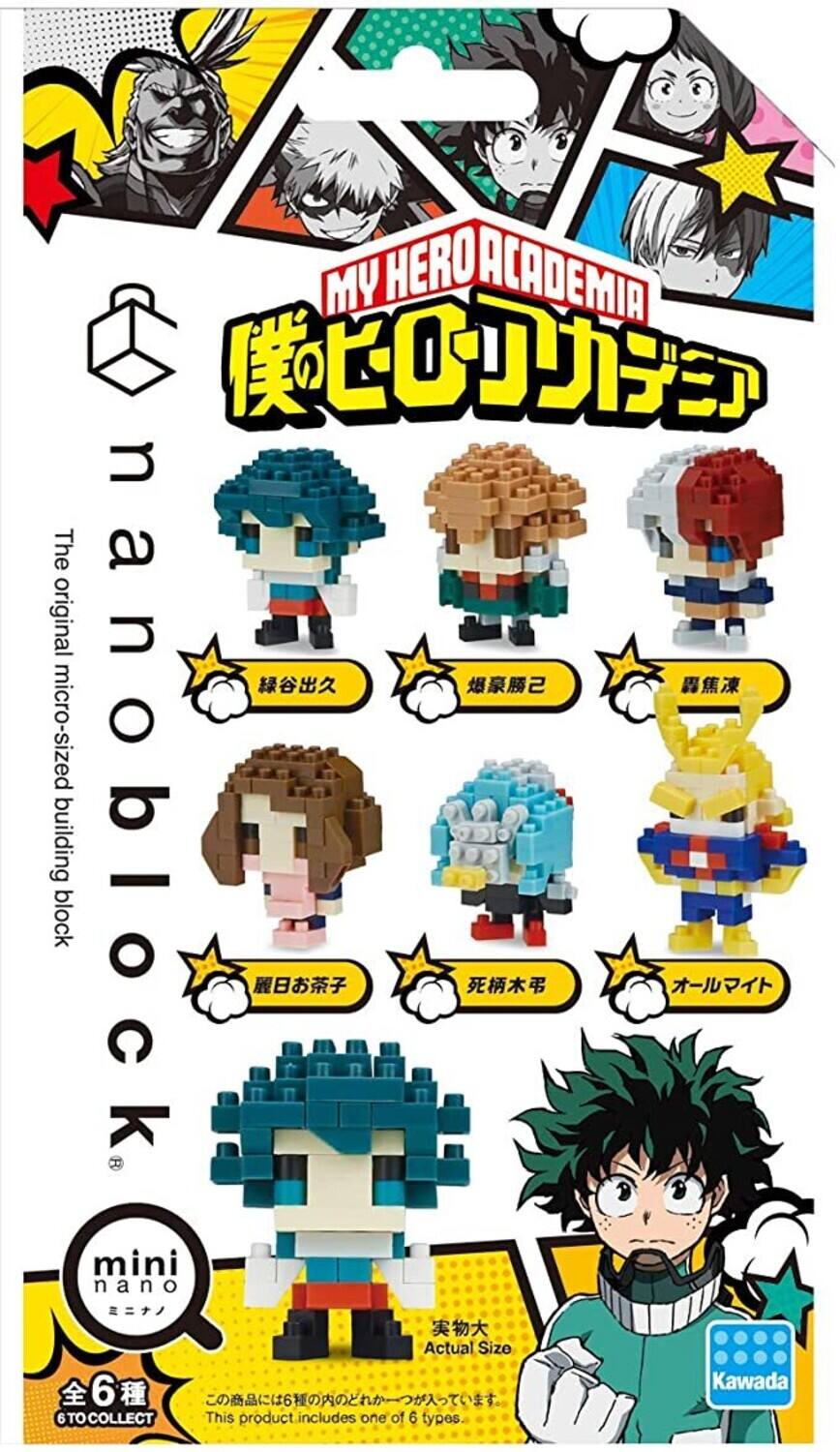 MY HERO ACADEMIA  
僕のヒーローアカデミア  

The original micro-sized building block  
nanoblock  

mini nano  

Actual Size 6  
Kawada  

This product includes one of 6 types.  
全6種  
6 TO COLLECT  

緑谷出久  
爆豪勝己  
麗樹涼  
麗日お茶子  
死柄木弔  
オールマイト