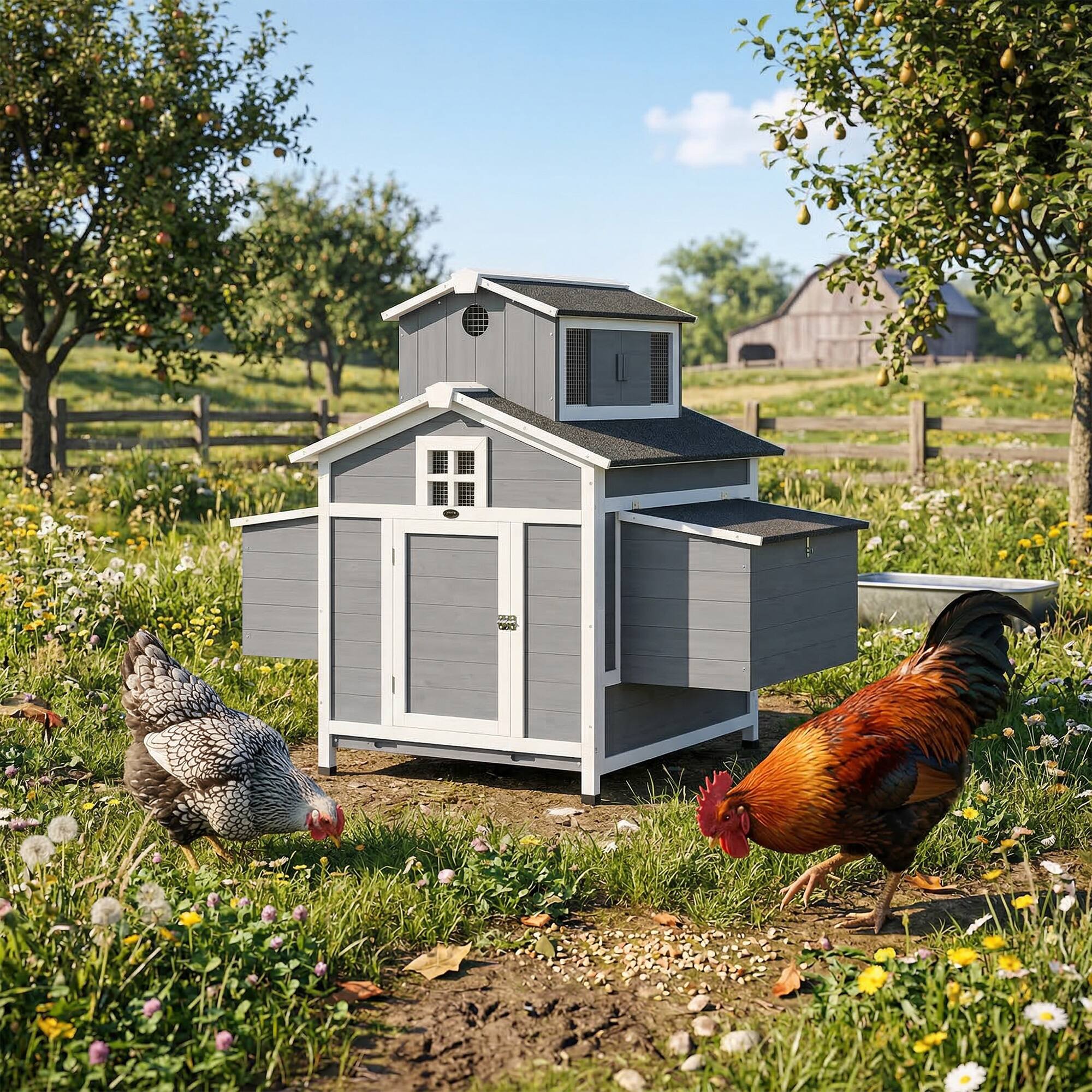 Alt View 1. Pawhut - Coop for 2 Chickens, Wooden Hen House with Nesting Box, Pull-Out Tray - Gray.