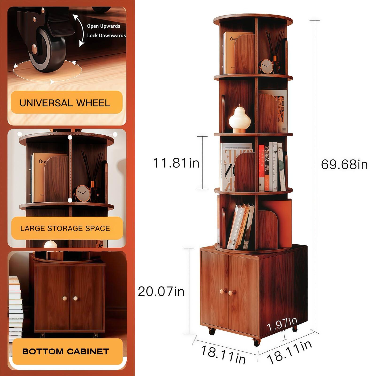 - Open Upwards  
  Lock Downwards

- UNIVERSAL WHEEL

- LARGE STORAGE SPACE

- BOTTOM CABINET

- 11.81in

- 69.68in

- 20.07in

- 1.97in

- 18.11in