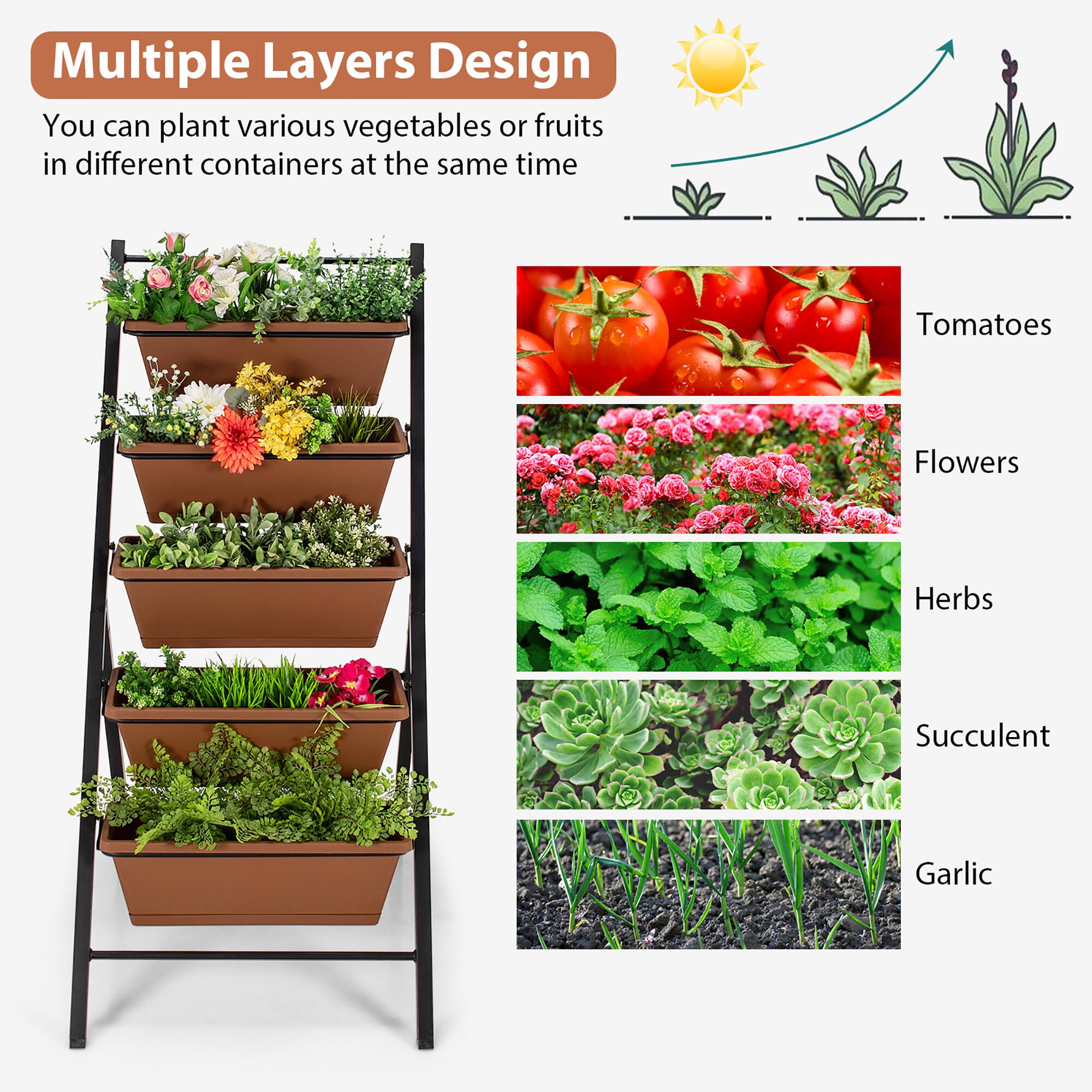 Multiple Layers Design: You can plant various vegetables or fruits in different containers at the same time. Tomatoes, Flowers, Herbs, Succulent, Garlic.