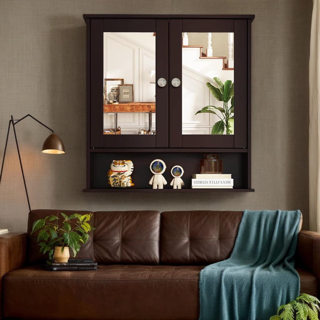 Kadyn - Bathroom Wall Mount Mirror Cabinet OrganizerBrown Wall Cabinet for Bathroom Laundry Room Kitchen - Brown