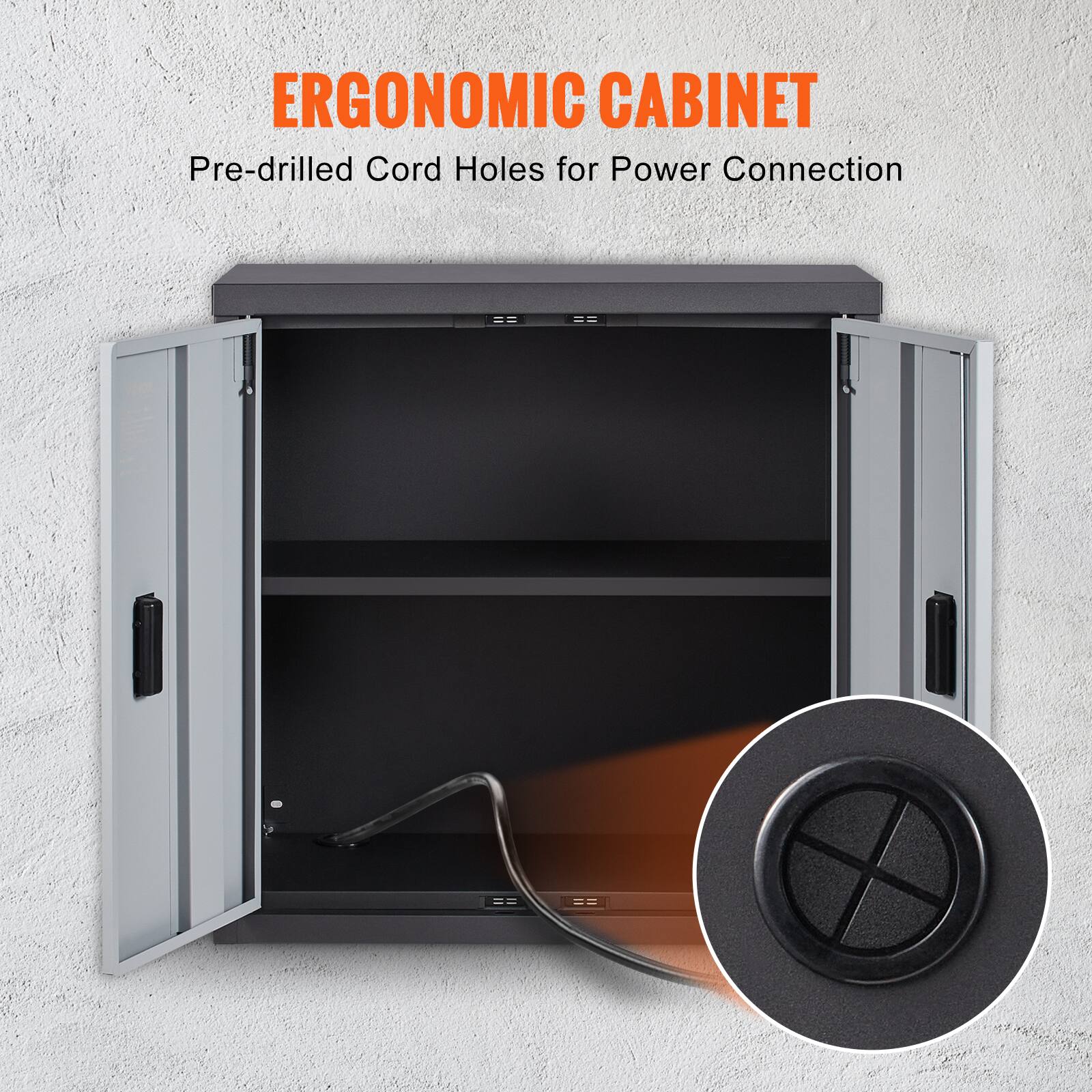 ERGONOMIC CABINET  
Pre-drilled Cord Holes for Power Connection