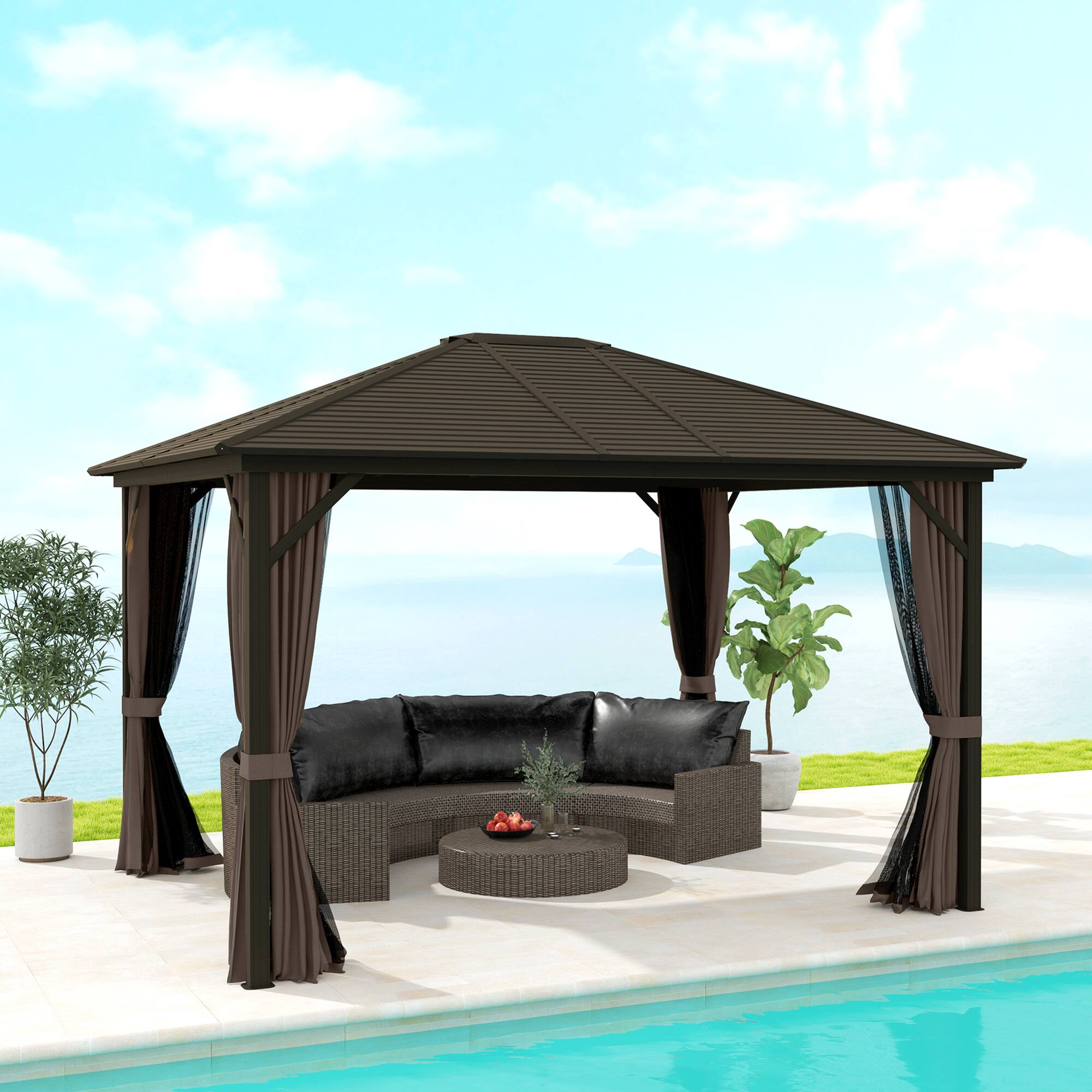 Alt View 1. Outsunny - 10' x 12' Hardtop Gazebo with Curtains and Netting, Permanent Pavilion Metal Single Roof Gazebo Canopy - Coffee.