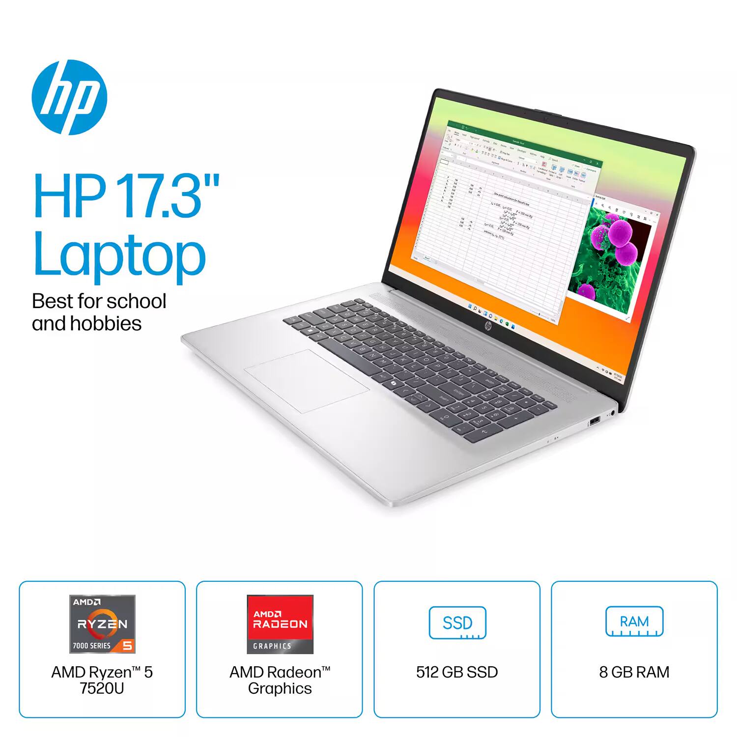 HP 17.3" Laptop  
Best for school and hobbies  

- AMD Ryzen 5 7520U  
- AMD Radeon Graphics  
- 512 GB SSD  
- 8 GB RAM