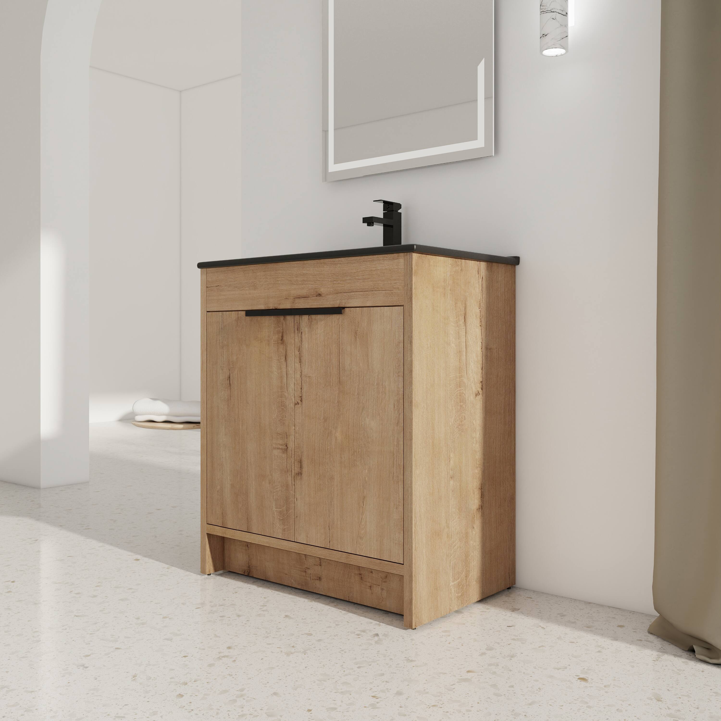 Alt View 1. TinyHomie - 30in Freestanding Bathroom Cabinet With Basin and 2 Soft-Close Cabinet Doors KD-PACKING - Imitative Oak.