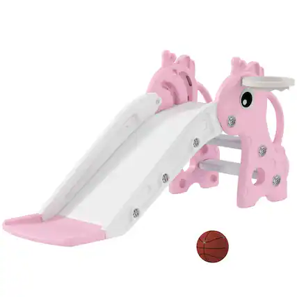 Front. Qaba - Toddler Slide for Age 1-3, Freestanding Kids Slide with Climber, Basketball Hoop and Ball.