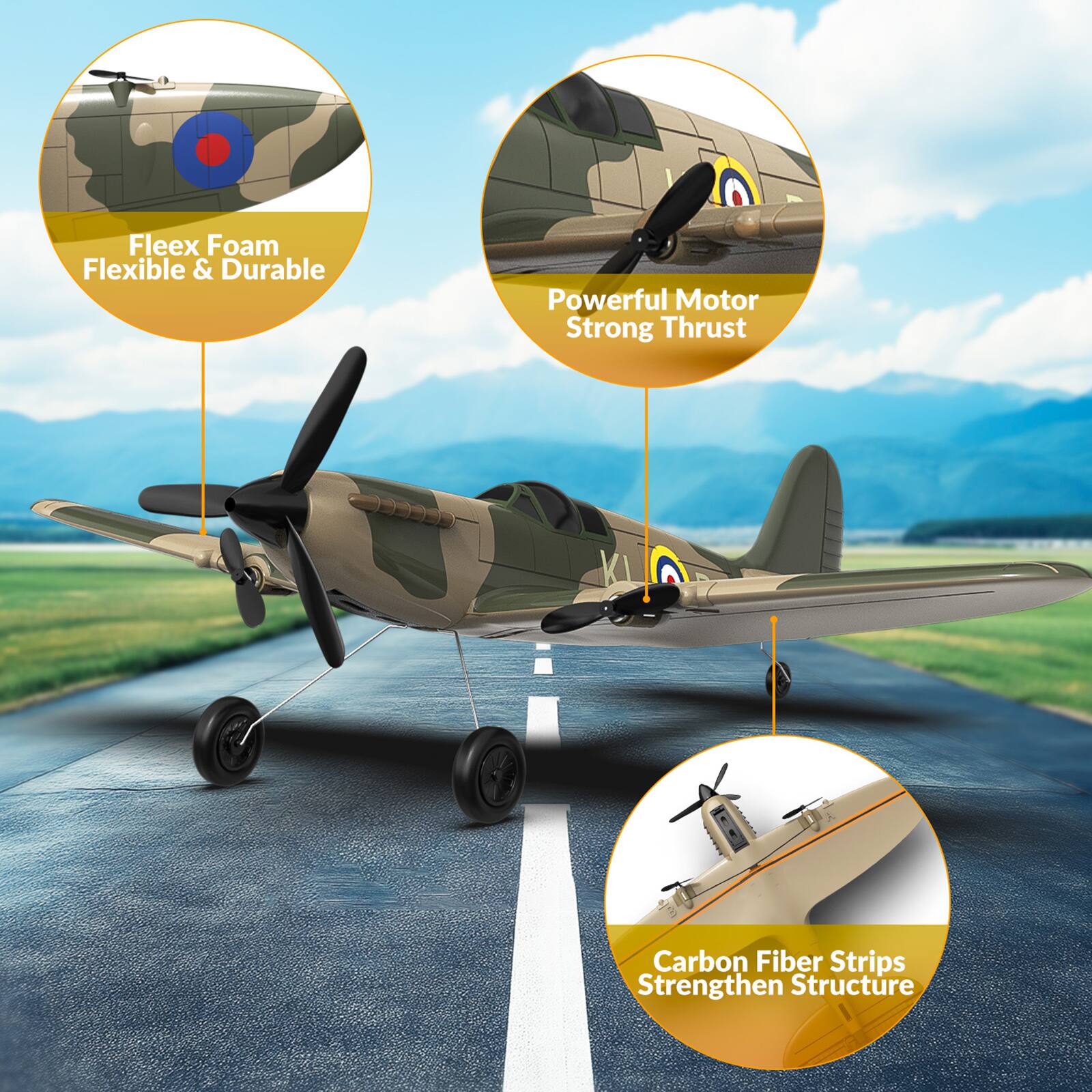 Fleex Foam Flexible & Durable  
Powerful Motor Strong Thrust  
Carbon Fiber Strips Strengthen Structure