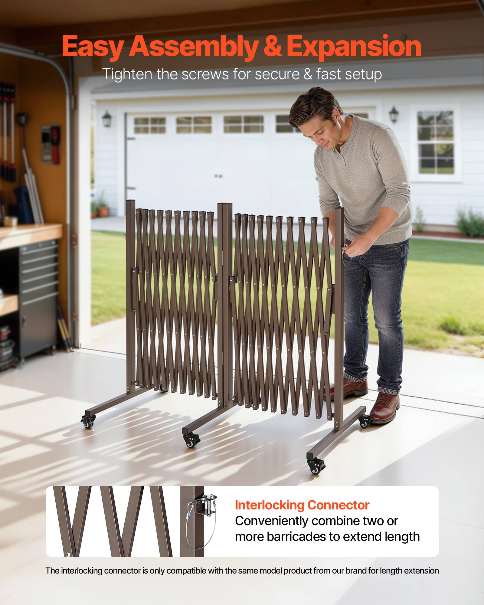 Easy Assembly & Expansion  
Tighten the screws for secure & fast setup  

Interlocking Connector  
Conveniently combine two or more barricades to extend length  

The interlocking connector is only compatible with the same model product from our brand for length extension