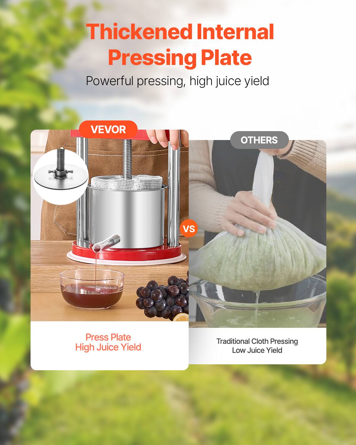 Thickened Internal Pressing Plate  
Powerful pressing, high juice yield  

VEVOR  
Press Plate  
High Juice Yield  

VS  

OTHERS  
Traditional Cloth Pressing  
Low Juice Yield