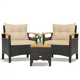 Pefilos - 3 Pieces Patio Rattan Furniture Set, Cozy Seat with Removable Cushions, Practical Side Coffee Patio Coffee Table - Brown