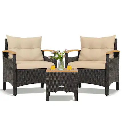 Front. Pefilos - 3 Pieces Patio Rattan Furniture Set, Cozy Seat with Removable Cushions, Practical Side Coffee Patio Coffee Table - Brown.