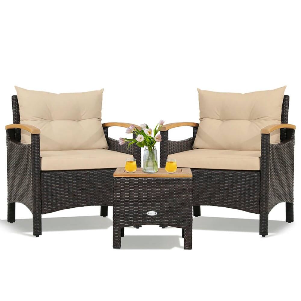 Front. Pefilos - 3 Pieces Patio Rattan Furniture Set, Cozy Seat with Removable Cushions, Practical Side Coffee Patio Coffee Table - Brown.