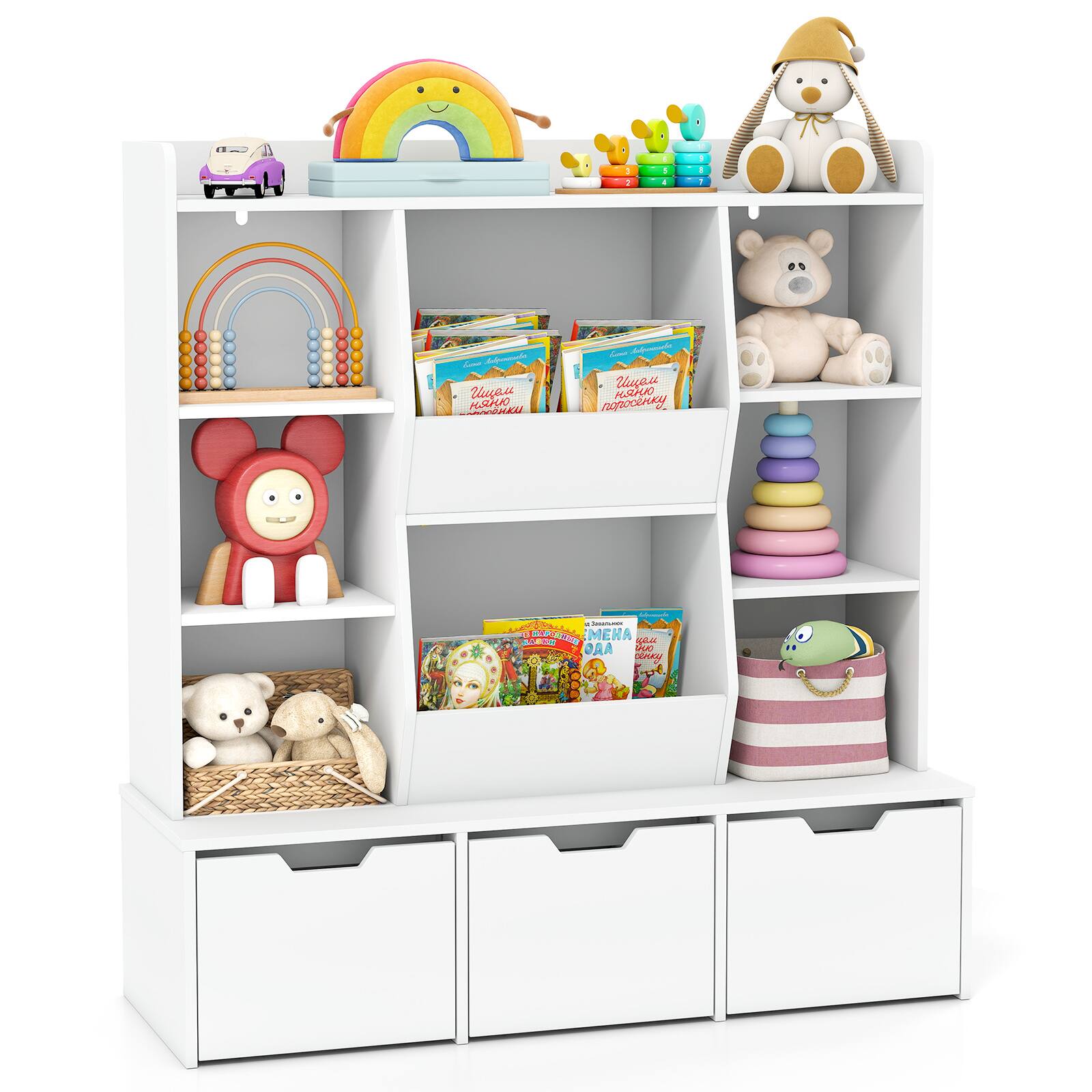 Gymax - 47'' Children Bookcase Toy Storage Organizer w/3 Movable Drawers & 8 Cubbies - White