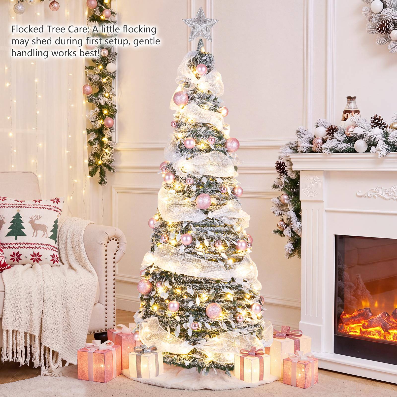 Costway - 6 ft Pop Up Flocked Christmas Tree with 55 Xmas Balls 150 Pre-Lit LED Lights Ribbon - Green & White
