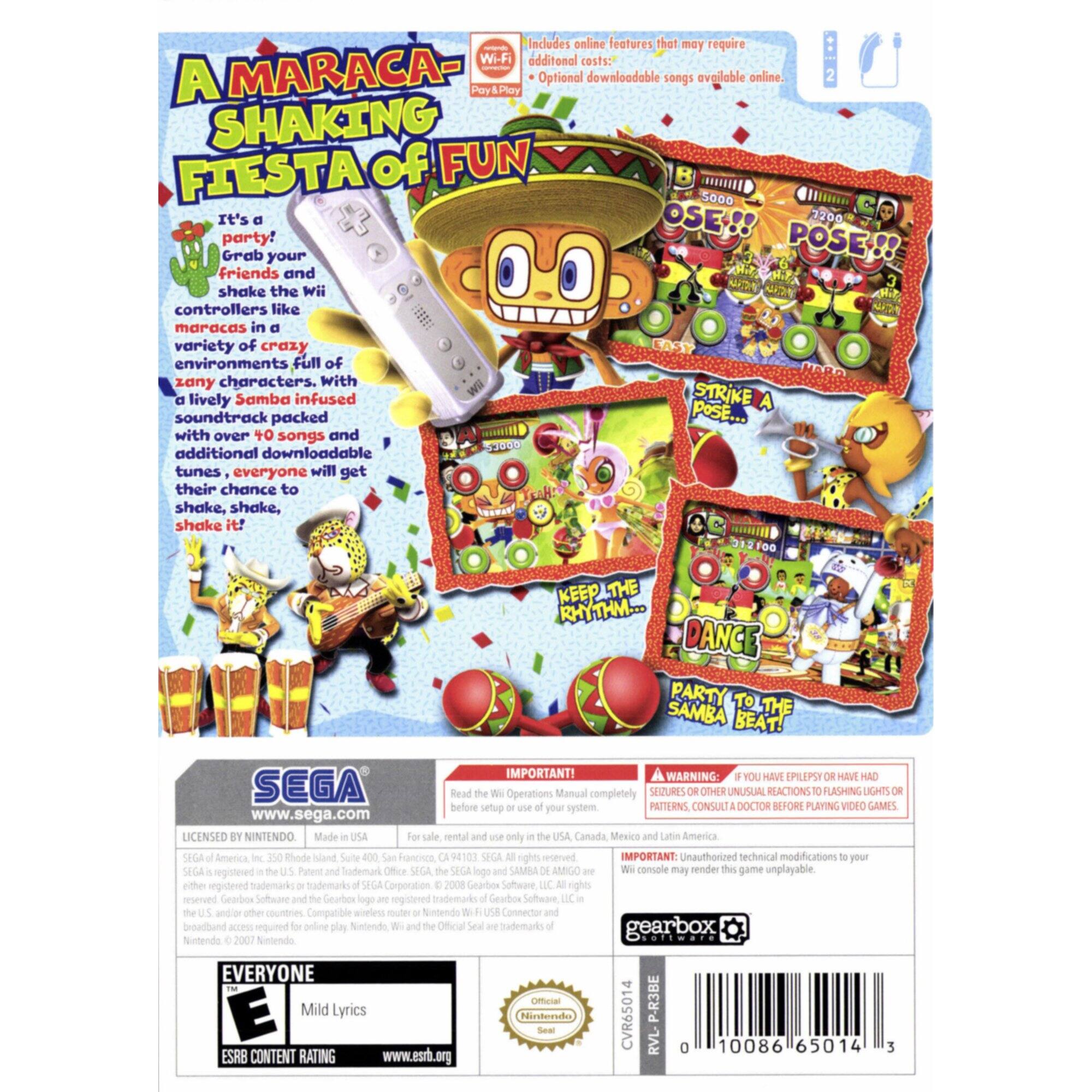 **A Maraca-Shaking Fiesta of Fun!**

- It's a party! Grab your friends and shake the Wii controllers like maracas in a variety of crazy environments full of zany characters. With a lively Samba-infused soundtrack packed with over 10 songs and additional downloadable tunes, everyone will get their chance to shake, shake, shake it!
- Includes online features that may require additional costs. Optional downloadable songs available online.
- Strike a Pose...
- Keep the Rhythm...
- Dance Party to the Samba Beat!

**Important:**
- Read the Wii Operation Manual completely before setup or use of this system.
- If you have epilepsy or have had seizures or other unusual reactions to flashing lights or patterns, consult your doctor before playing video games.
- Unauthorized technical modifications to your console may render this game unplayable.

**Licensed by Nintendo. Made in USA. For sale, rental and use only in the USA, Canada, Mexico and Latin America.**

**SEGA**
www.sega.com

**ESRB Content Rating:**
- Everyone
- Mild Lyrics

**Gearbox Software**

**Barcode:**
010086 650141 3

**CVR:**
CVR501