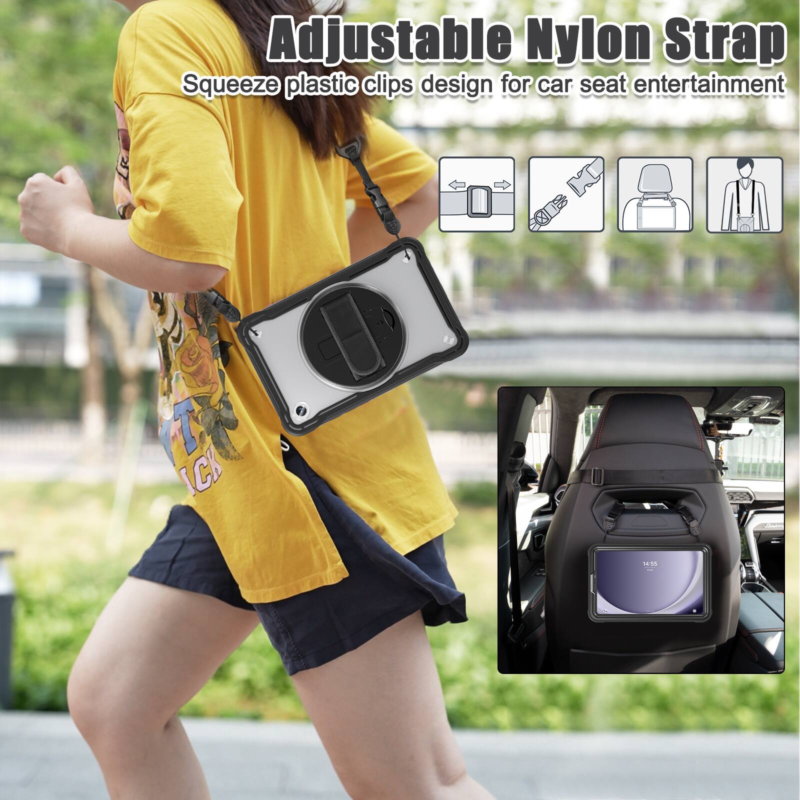 Adjustable Nylon Strap  
Squeeze plastic clips design for car seat entertainment