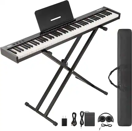 Front. GARVEE - 88-Key Semi-Weighted Keyboard Piano with Stand, Headphones, Sustain Pedal, Carry Bag, Bluetooth & USB MIDI.