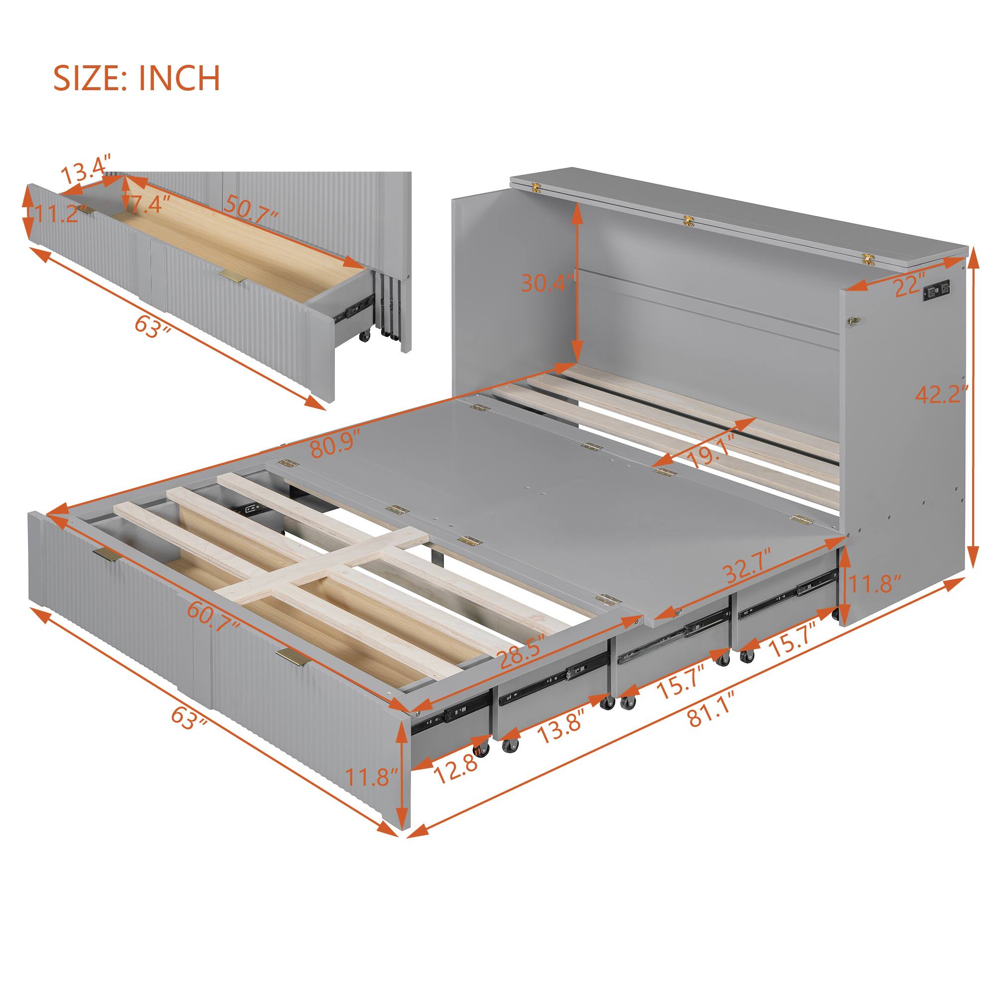 SIZE: INCH

- 13.4"
- 11.2"
- 17.4"
- 50.7"
- 63"
- 80.9"
- 30.4"
- 22"
- 42.2"
- 19.1"
- 60.7"
- 63"
- 28.5"
- 32.7"
- 11.8"
- 15.7"
- 15.7"
- 81.1"
- 12.8"
- 11.8"
- 13.8"