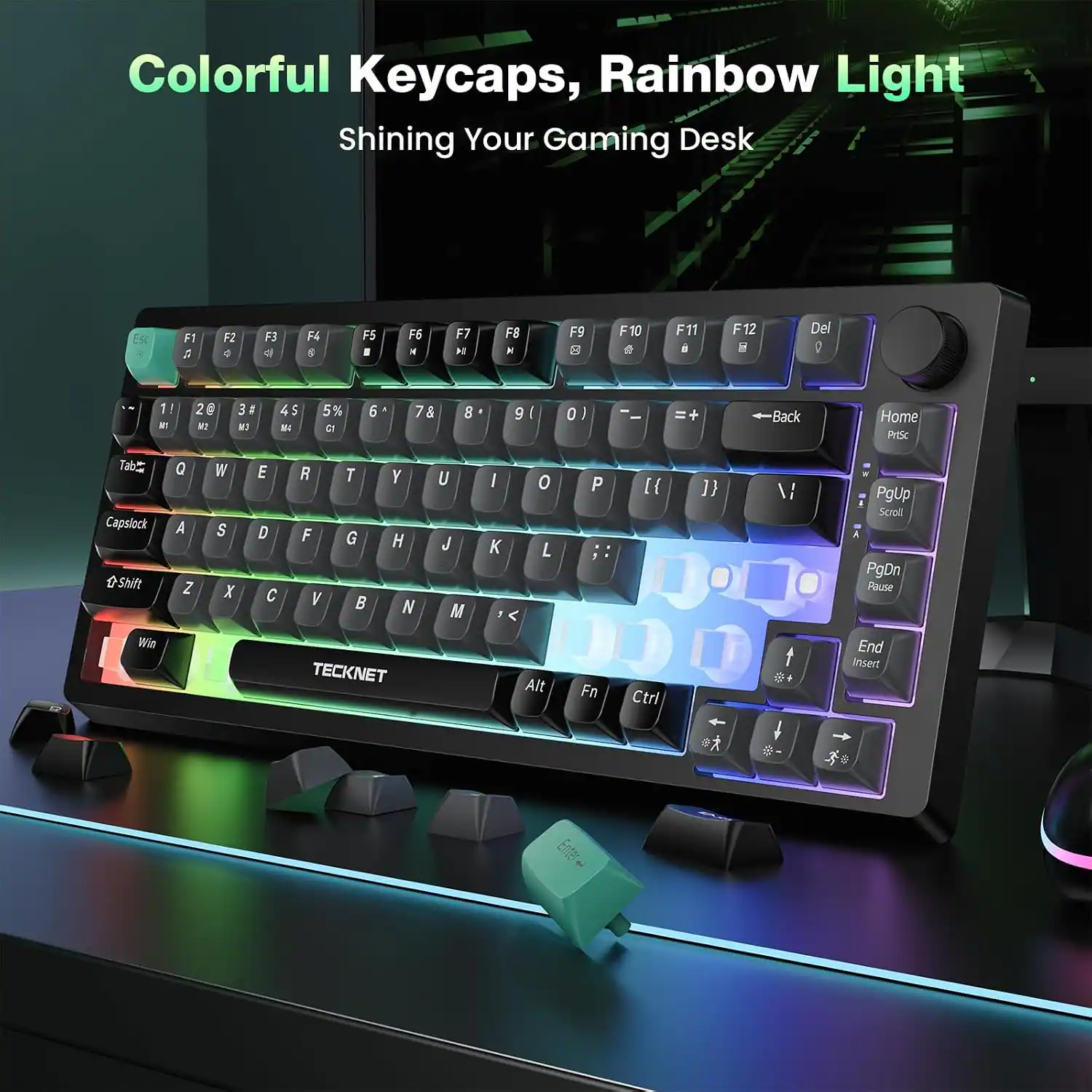 TECKNET 75% Wired Gaming Keyboard, RGB Backlit, 82 Keys, Volume Knob ...