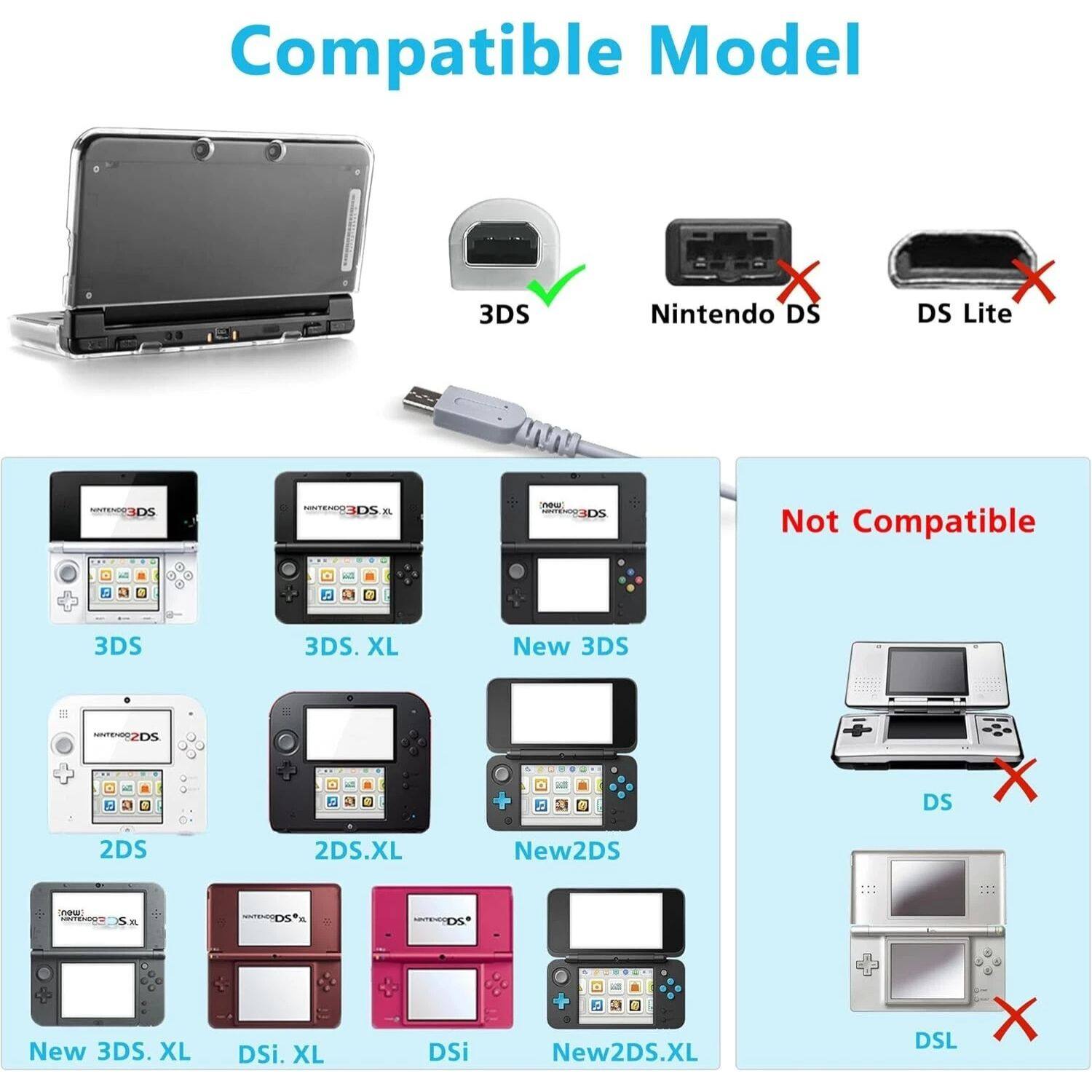 Compatible Model

- 3DS
- 3DS XL
- New 3DS
- 2DS
- 2DS XL
- New 2DS
- New 3DS XL
- DSi XL
- DSi
- New 2DS XL

Not Compatible

- Nintendo DS
- DS Lite
- DS
- DSL