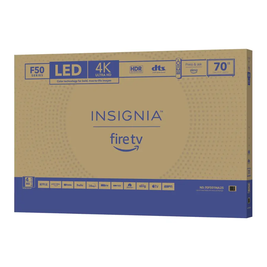 The text on the image reads: "F50 LED 4K SERIES ULTRA HD CALOR technology for bold. true-to-life images HDR ee I I dts. Press & ask alexa 70" - - -  ! 3 1 INSIGNIA firetv tv 4 XAN | : RETFLIE -- - -s hulu an - de . shrig tv T NS-70F501NA25 - - - - : -  11 E I - A".